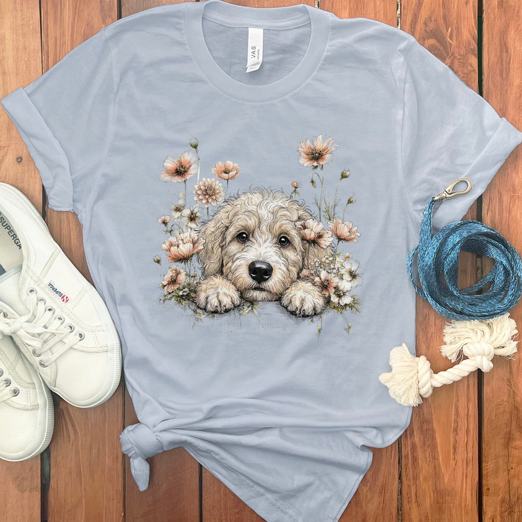 Floral Peeking Cream Doodle T-Shirt in Light Blue / S by Puppy Jo