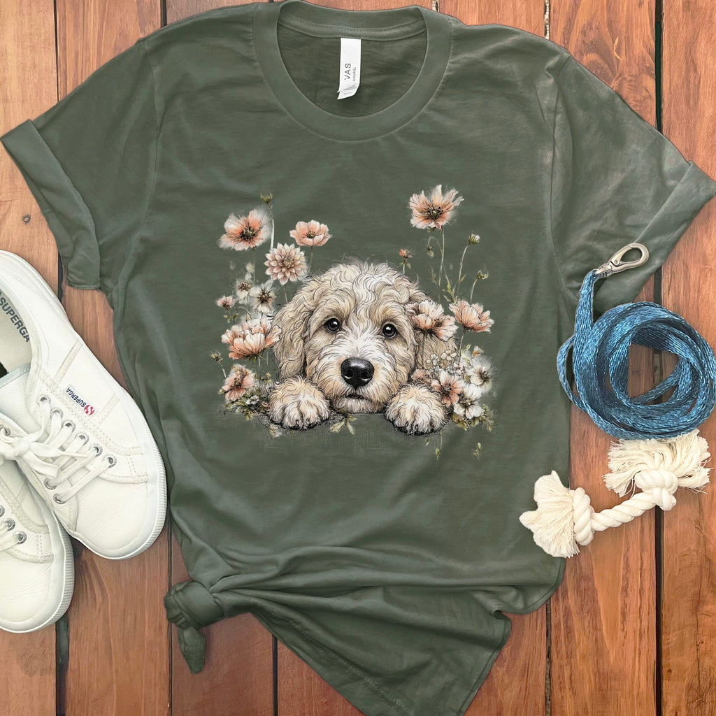 Floral Peeking Cream Doodle T-Shirt in Military Green / S by Puppy Jo