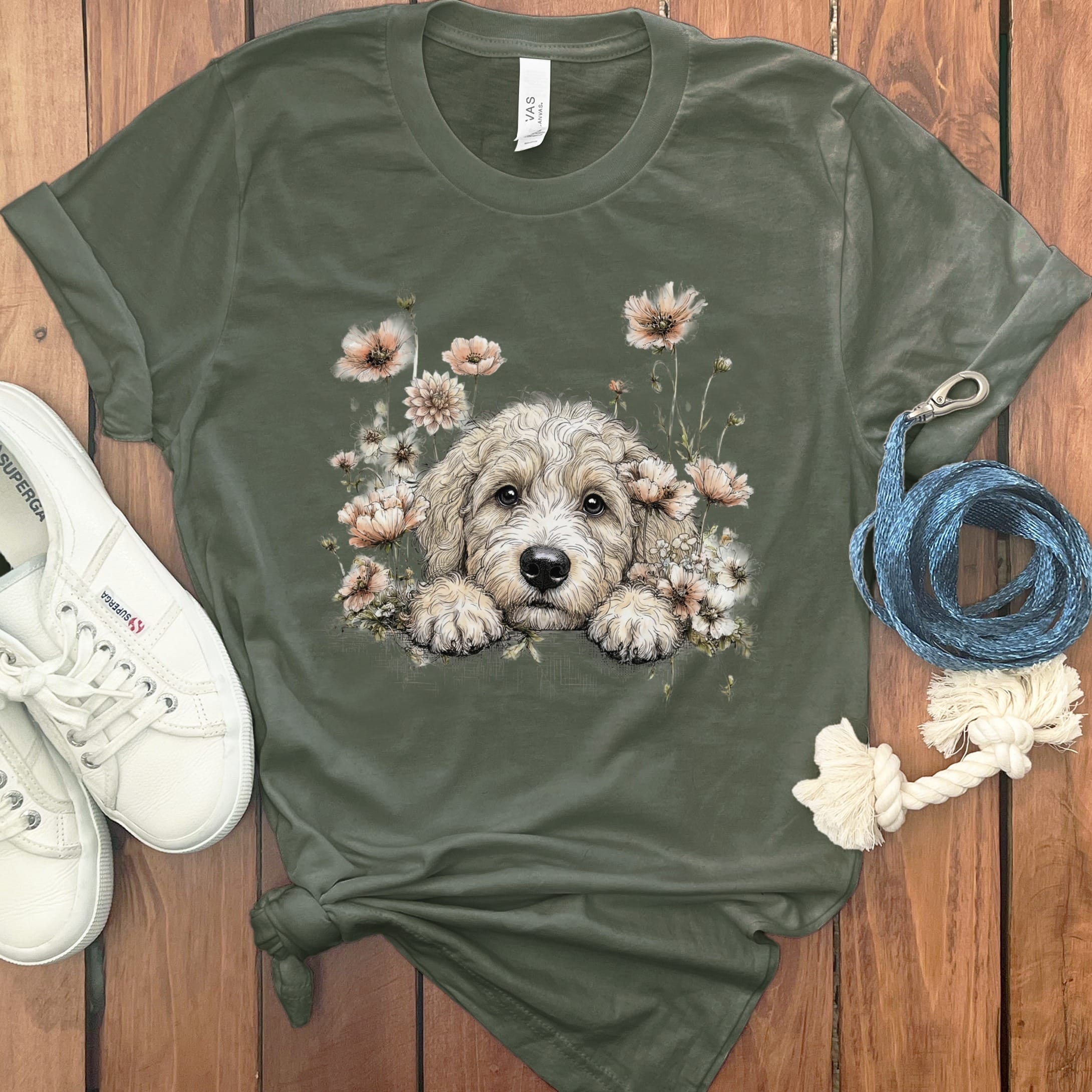 Floral Peeking Cream Doodle T-Shirt in Military Green / S by Puppy Jo