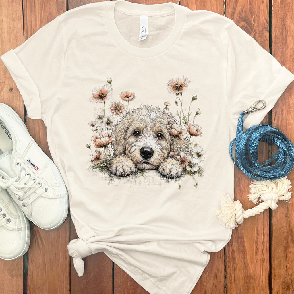 Floral Peeking Cream Doodle T-Shirt in Natural / S by Puppy Jo
