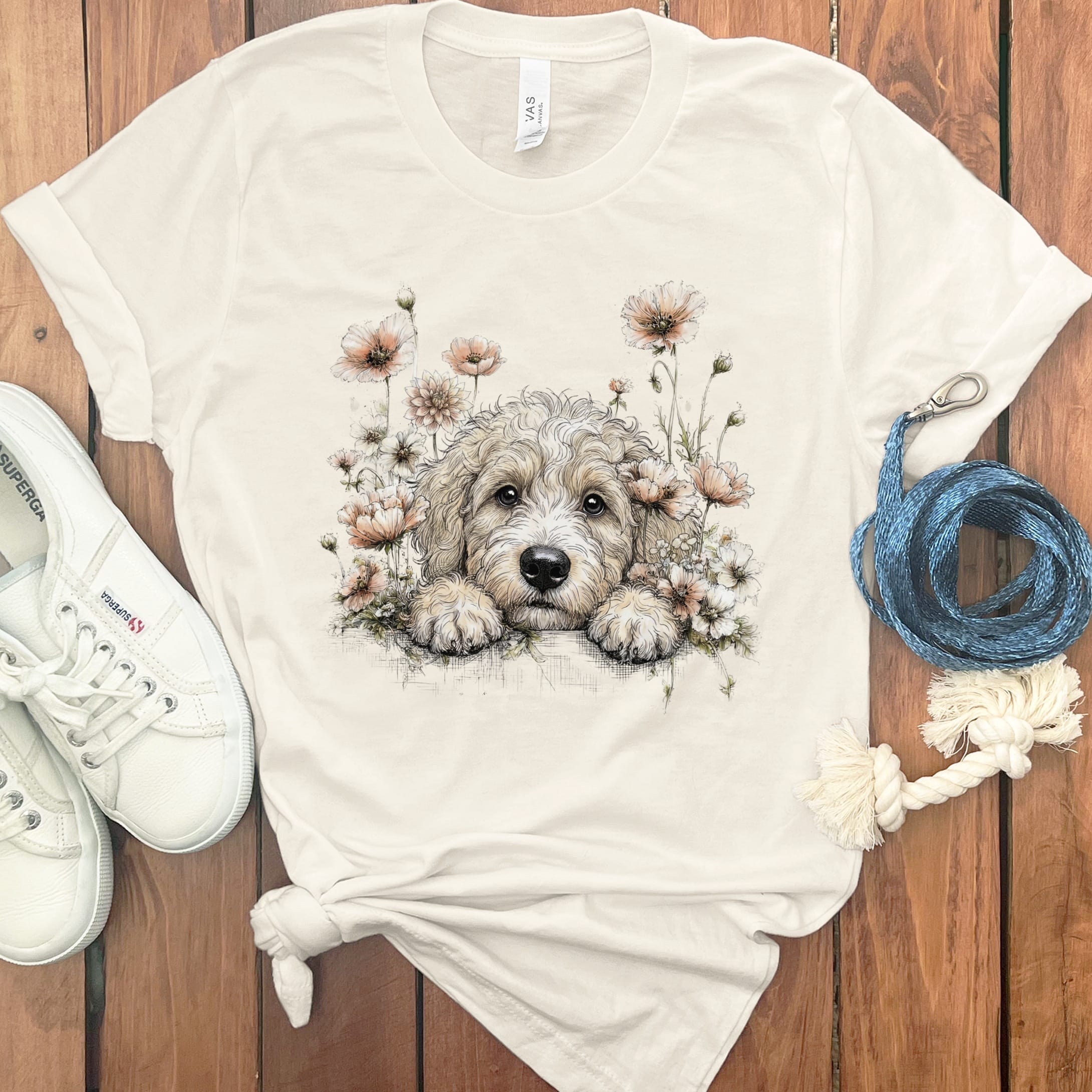 Floral Peeking Cream Doodle T-Shirt in Natural / S by Puppy Jo