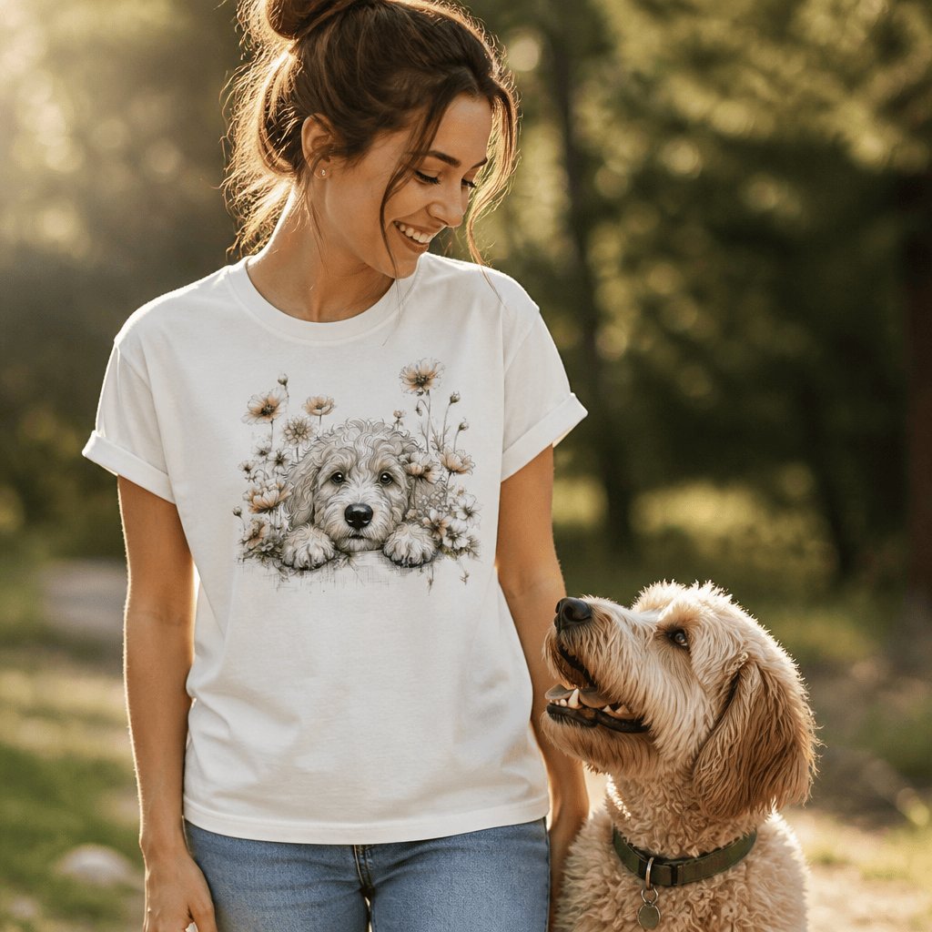 Floral Peeking Cream Doodle T-Shirt in by Puppy Jo