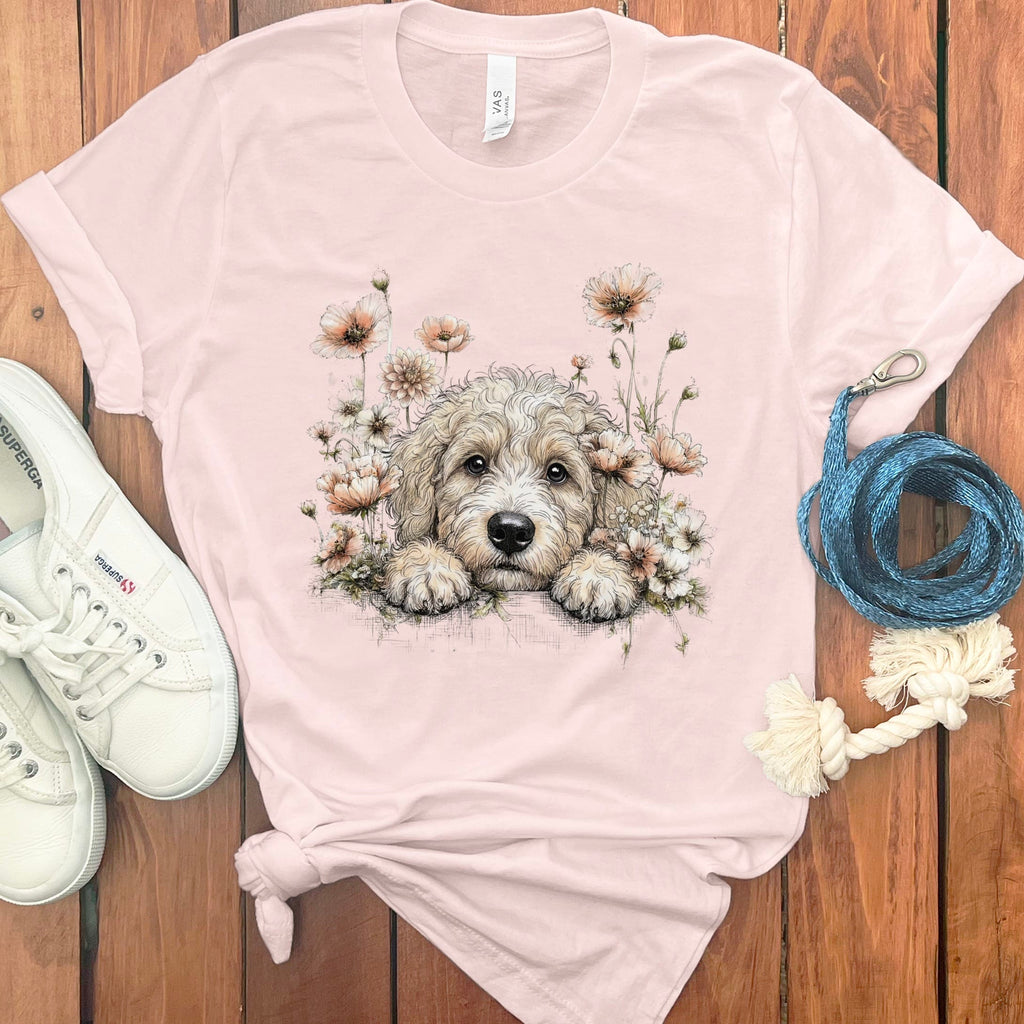 Floral Peeking Cream Doodle T-Shirt in Soft Pink / S by Puppy Jo