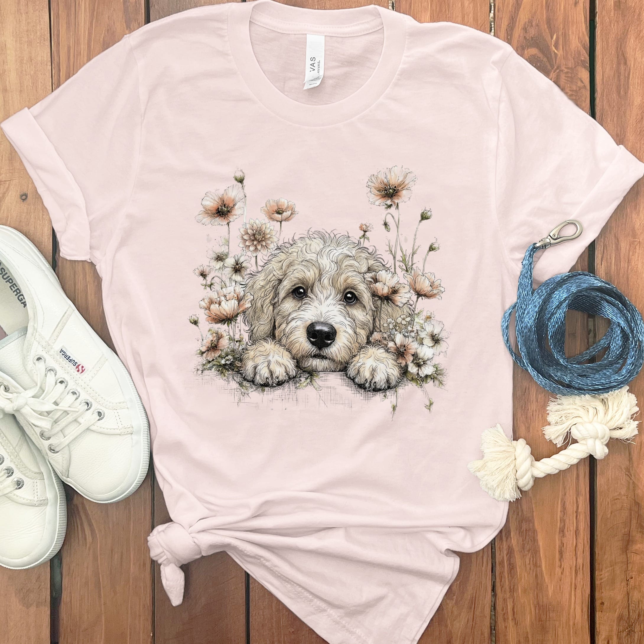Floral Peeking Cream Doodle T-Shirt in Soft Pink / S by Puppy Jo