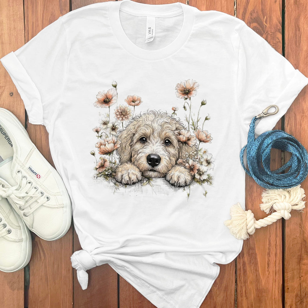 Floral Peeking Cream Doodle T-Shirt in White / S by Puppy Jo
