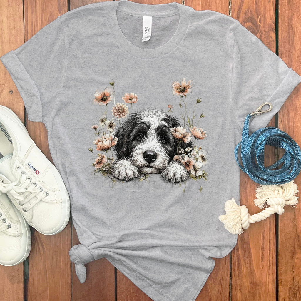 Floral Peeking Sheepadoodle T-Shirt in Athletic Heather / S by Puppy Jo