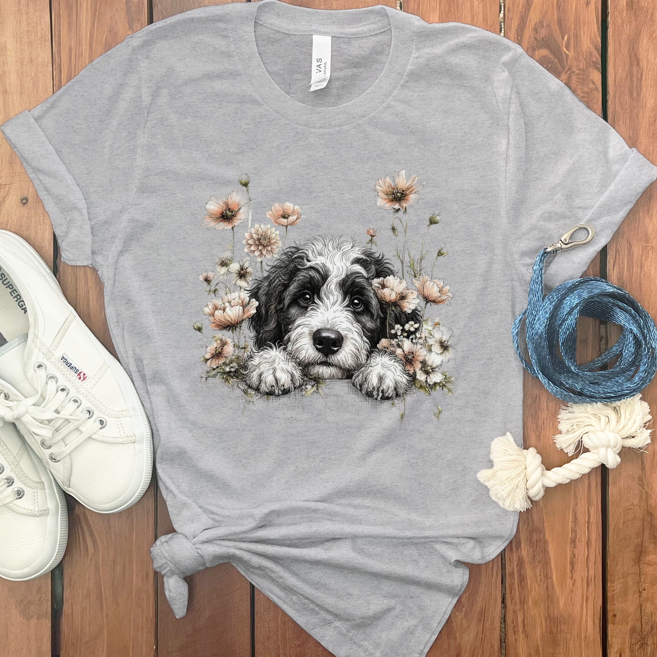 Floral Peeking Sheepadoodle T-Shirt in Athletic Heather / S by Puppy Jo