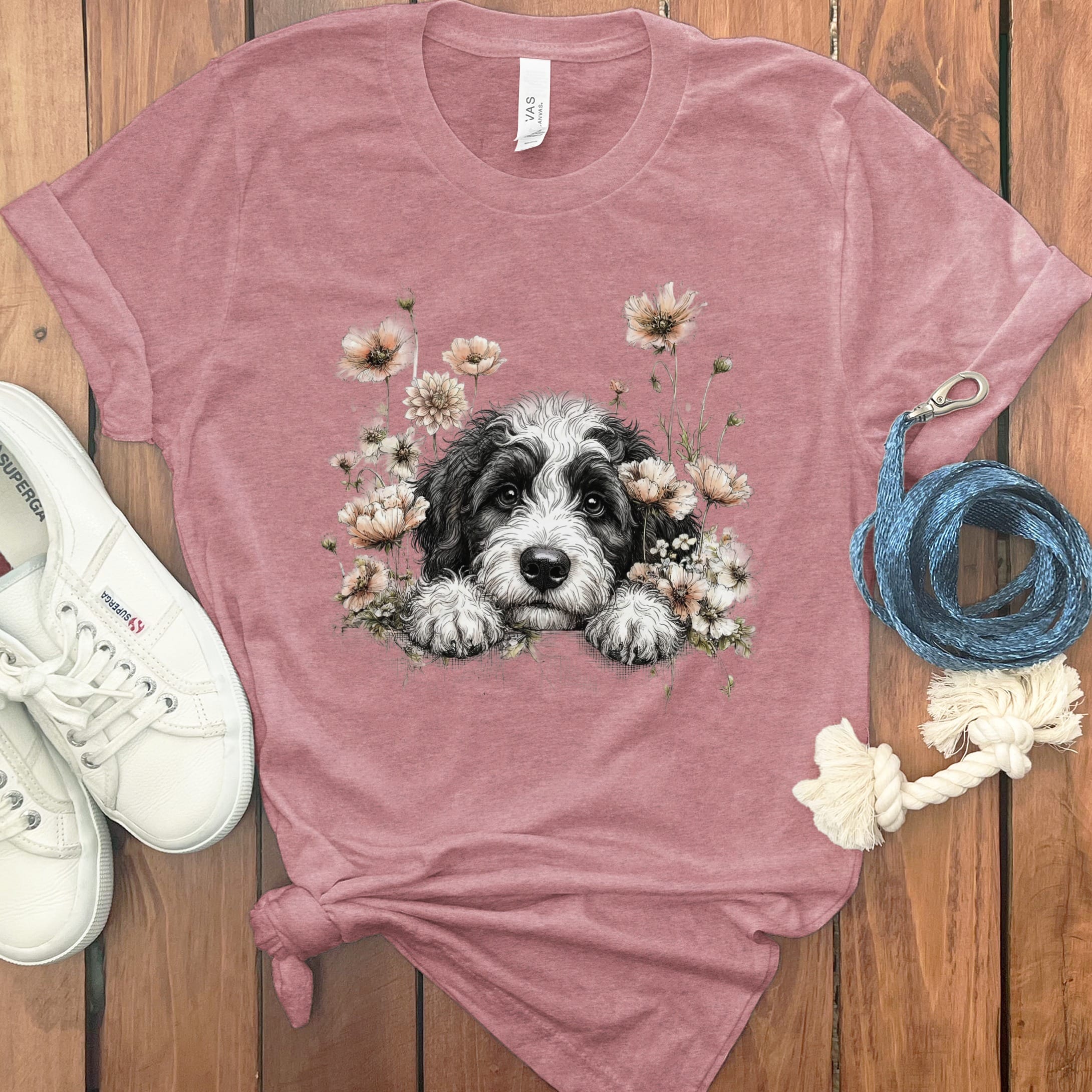 Floral Peeking Sheepadoodle T-Shirt in Heather Mauve / S by Puppy Jo