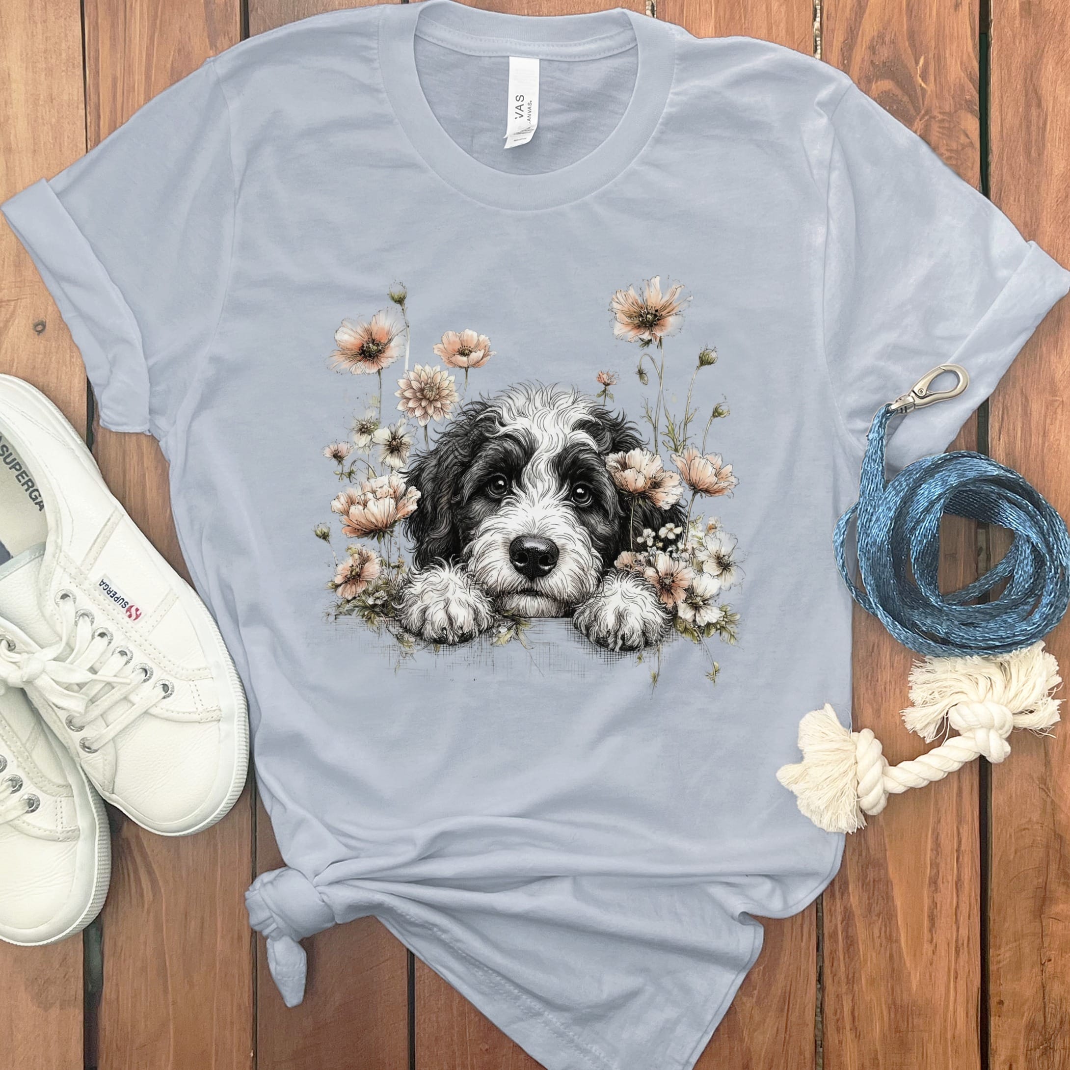 Floral Peeking Sheepadoodle T-Shirt in Light Blue / S by Puppy Jo