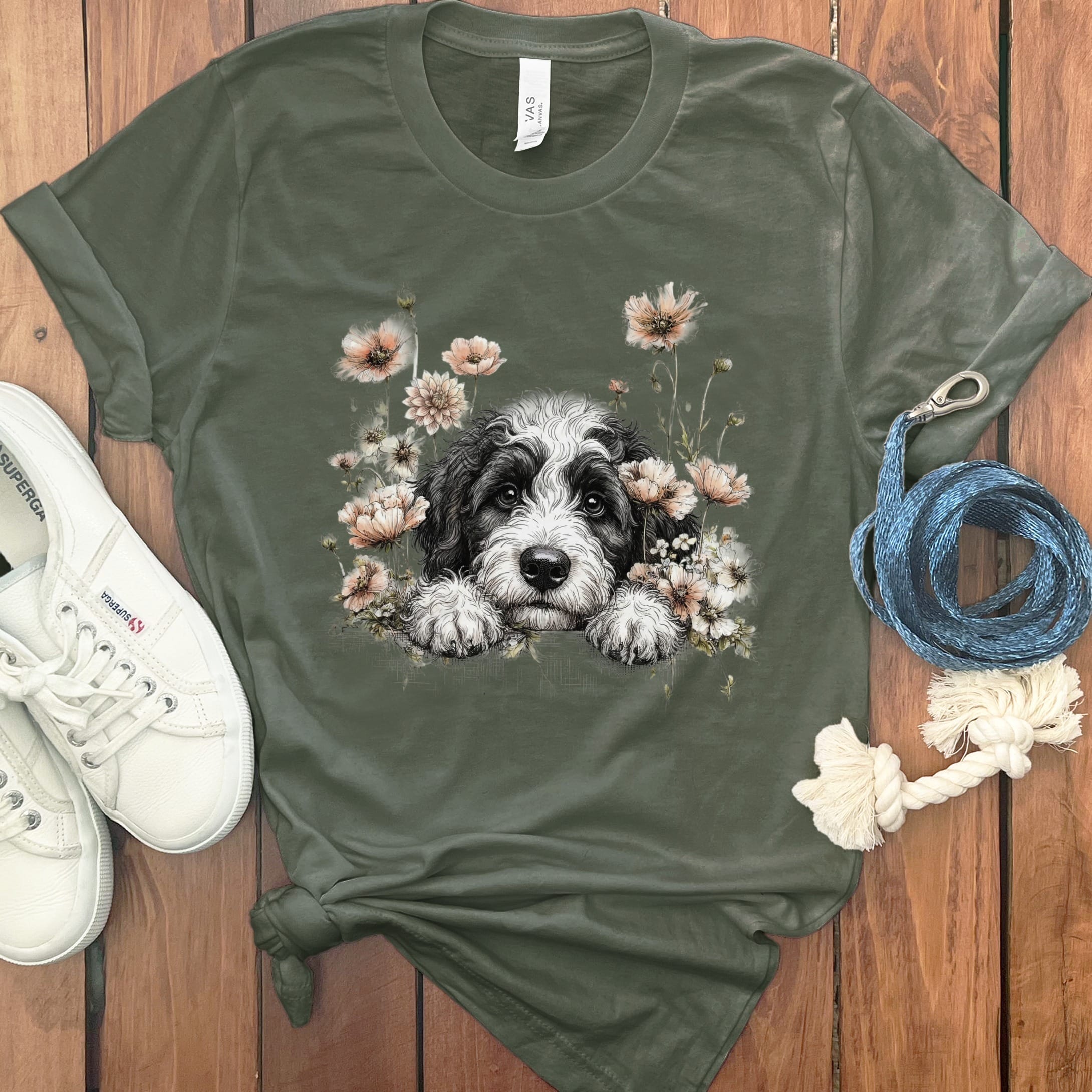 Floral Peeking Sheepadoodle T-Shirt in Military Green / S by Puppy Jo