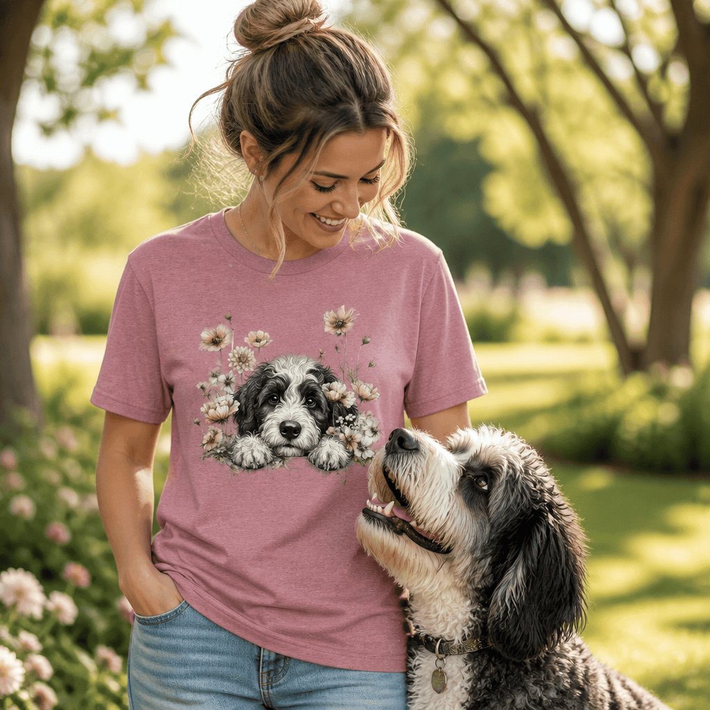 Floral Peeking Sheepadoodle T-Shirt in by Puppy Jo