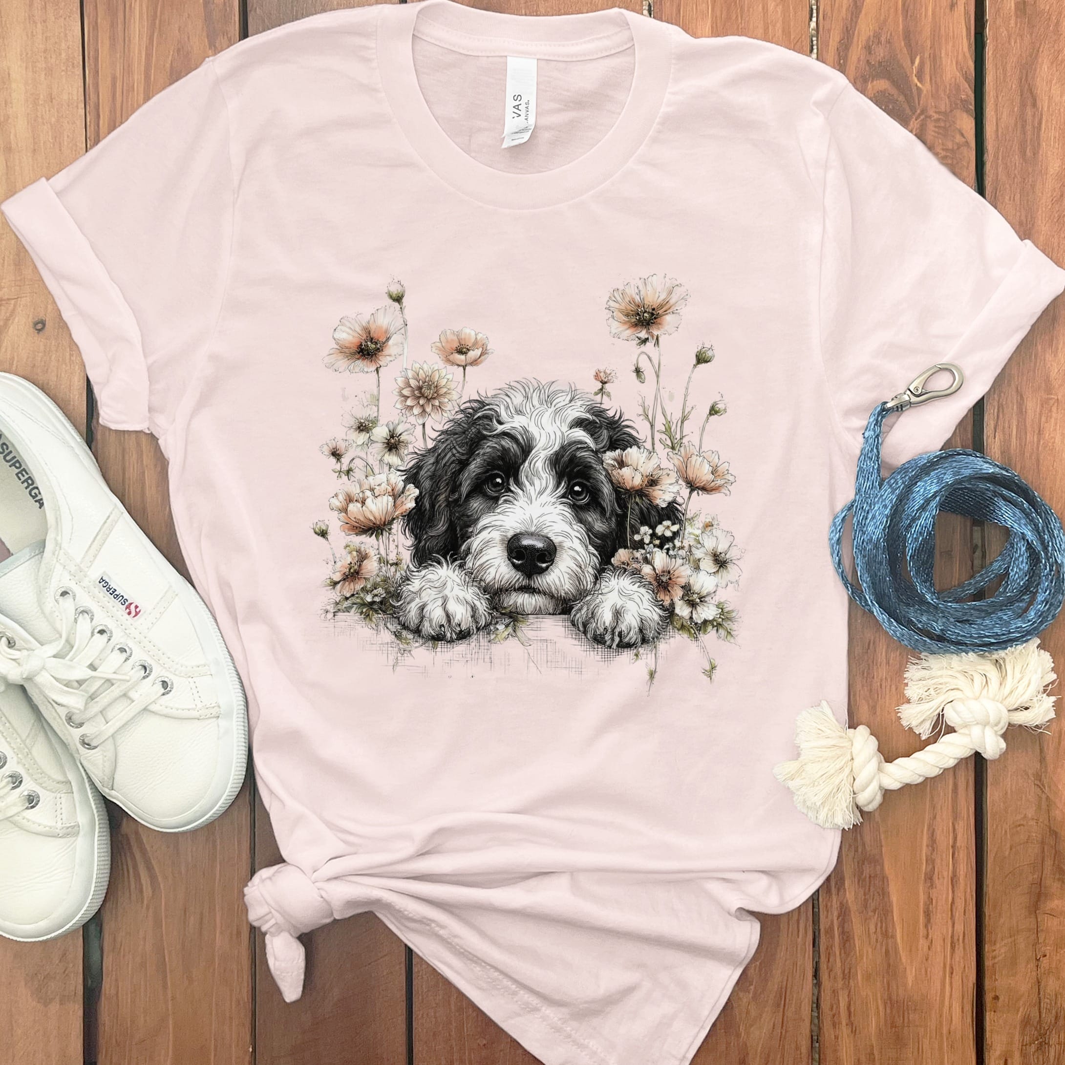 Floral Peeking Sheepadoodle T-Shirt in Soft Pink / S by Puppy Jo