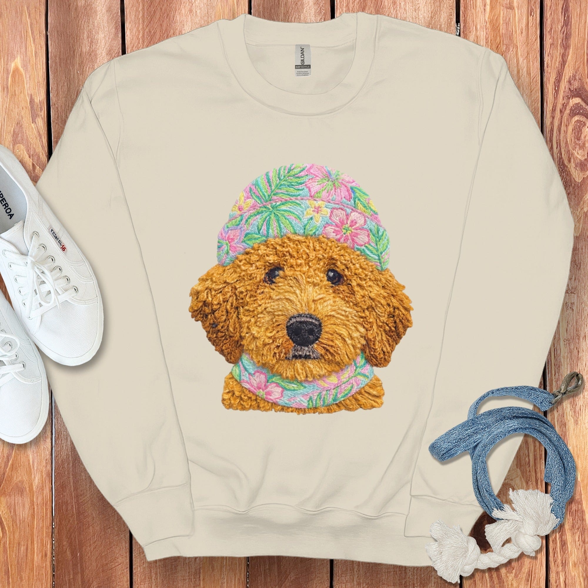 Floral Vibes Apricot Goldendoodle Sweatshirt in Sand / S by Puppy Jo