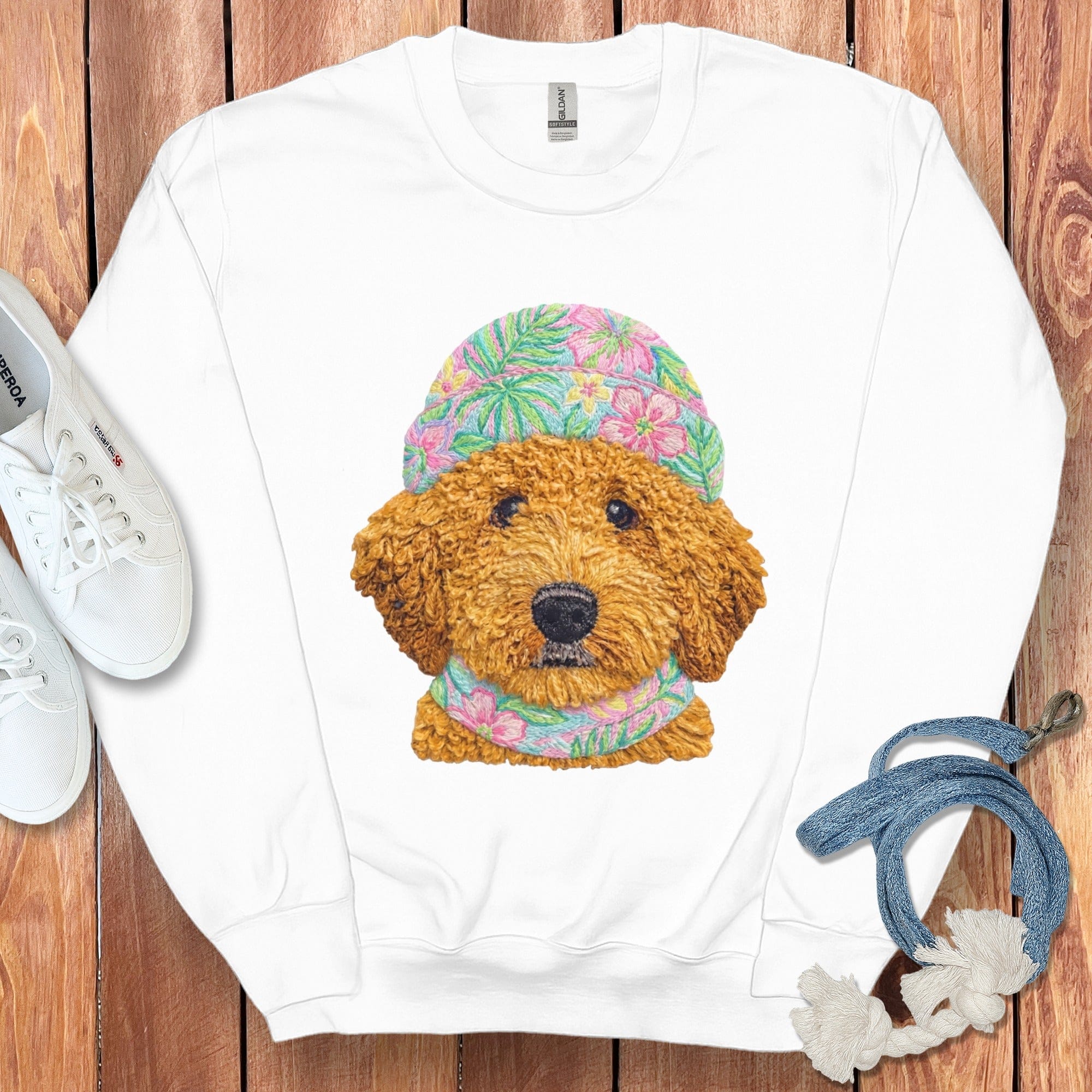 Floral Vibes Apricot Goldendoodle Sweatshirt in White / S by Puppy Jo