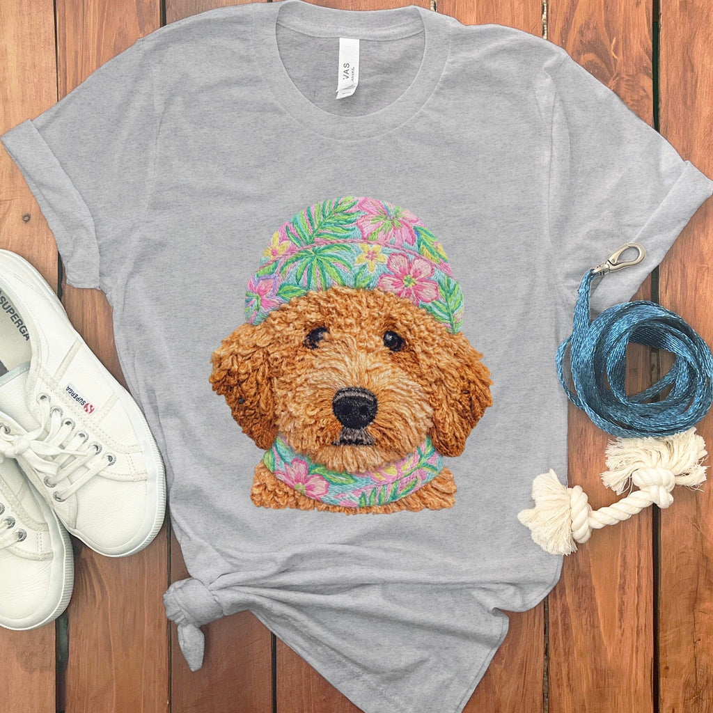 Floral Vibes Apricot Goldendoodle T-Shirt in Athletic Heather / S by Puppy Jo