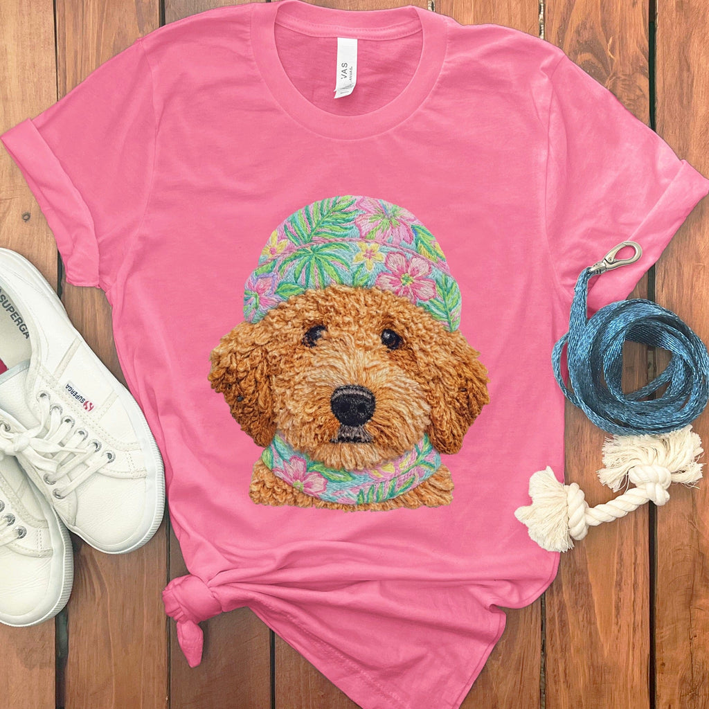 Floral Vibes Apricot Goldendoodle T-Shirt in Charity Pink / S by Puppy Jo