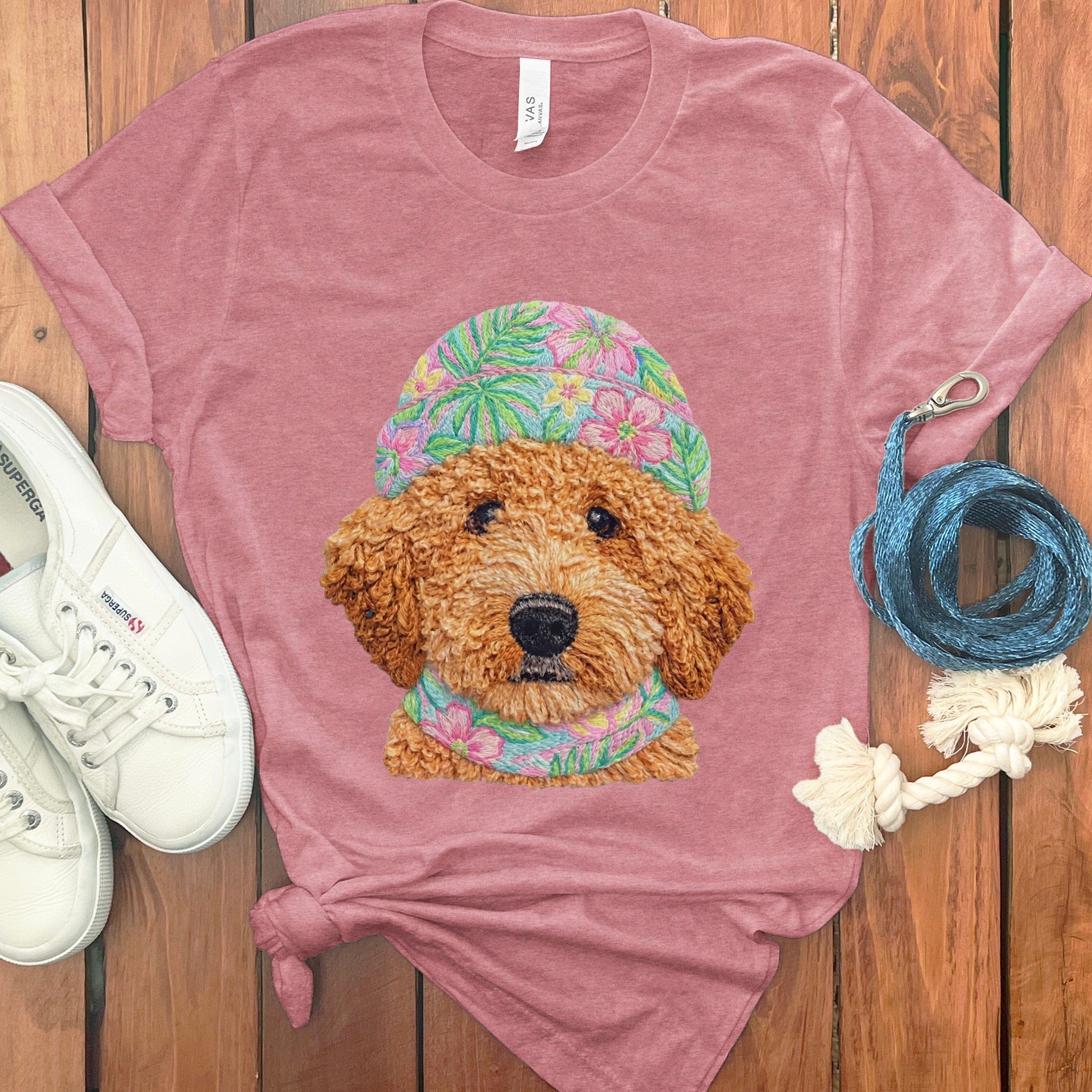 Floral Vibes Apricot Goldendoodle T-Shirt in Heather Mauve / S by Puppy Jo