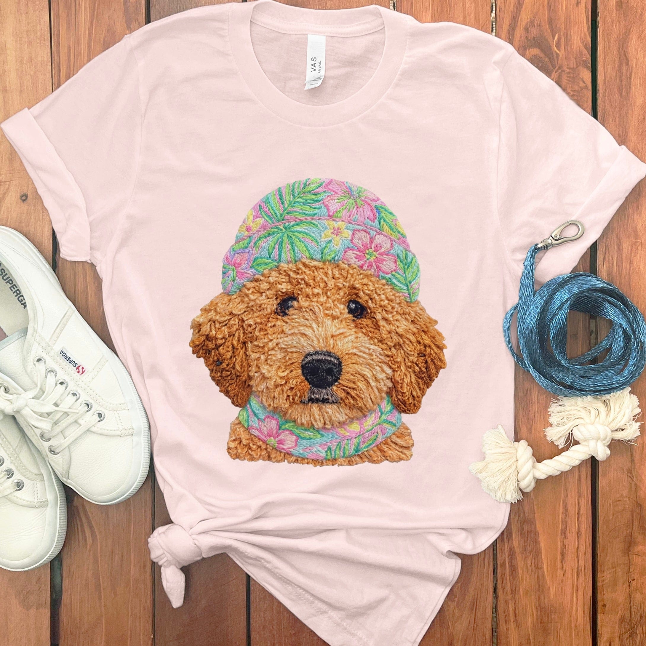 Floral Vibes Apricot Goldendoodle T-Shirt in Soft Pink / S by Puppy Jo