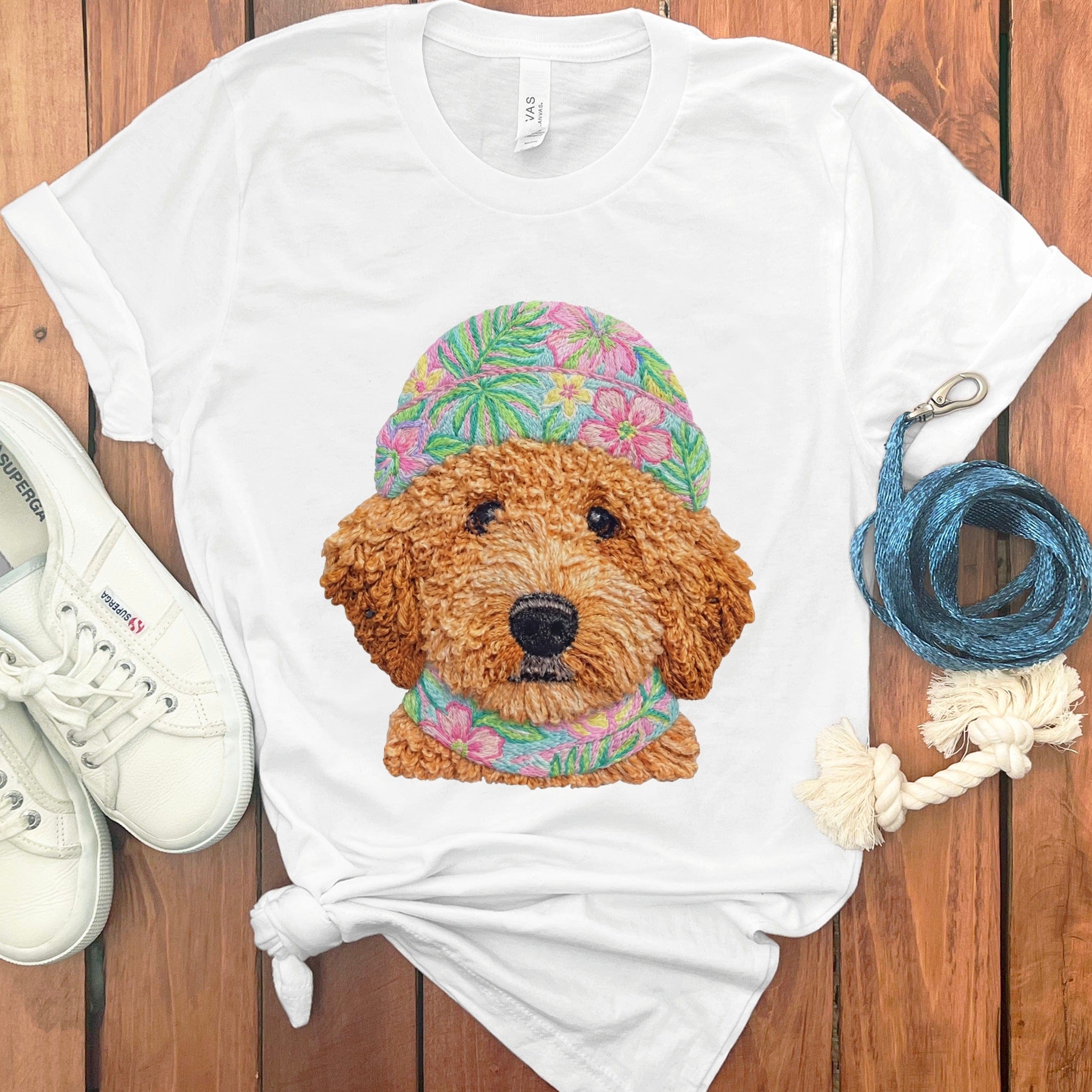 Floral Vibes Apricot Goldendoodle T-Shirt in White / S by Puppy Jo
