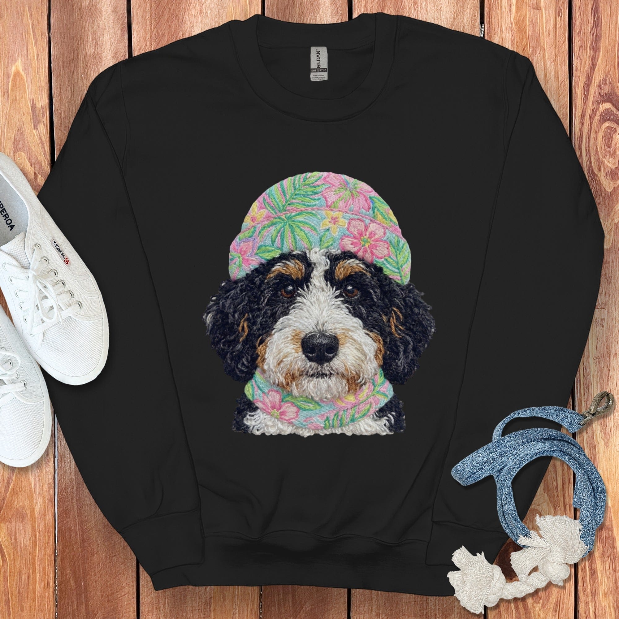 Floral Vibes Bernedoodle Sweatshirt in Black / S by Puppy Jo