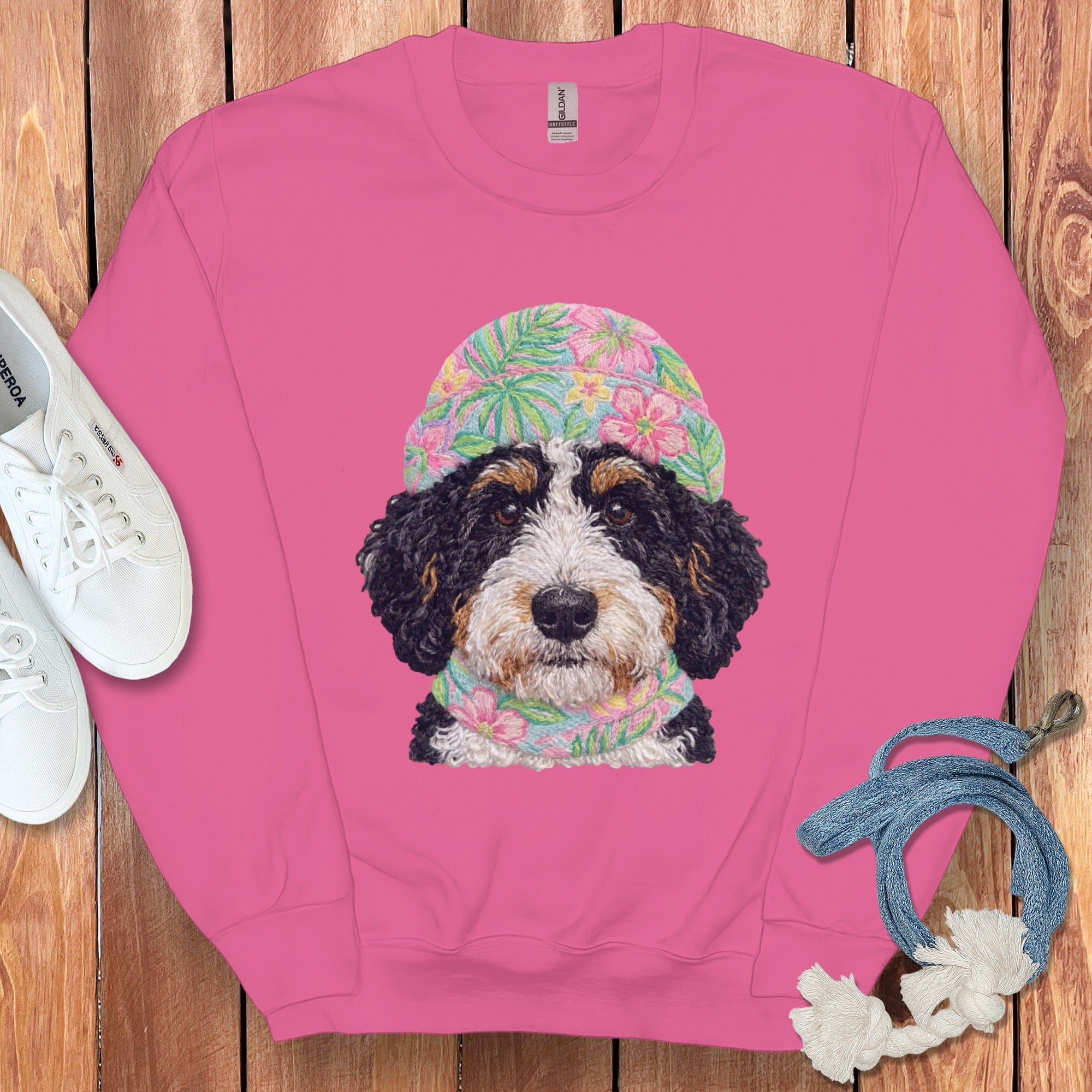 Floral Vibes Bernedoodle Sweatshirt in Heliconia / S by Puppy Jo