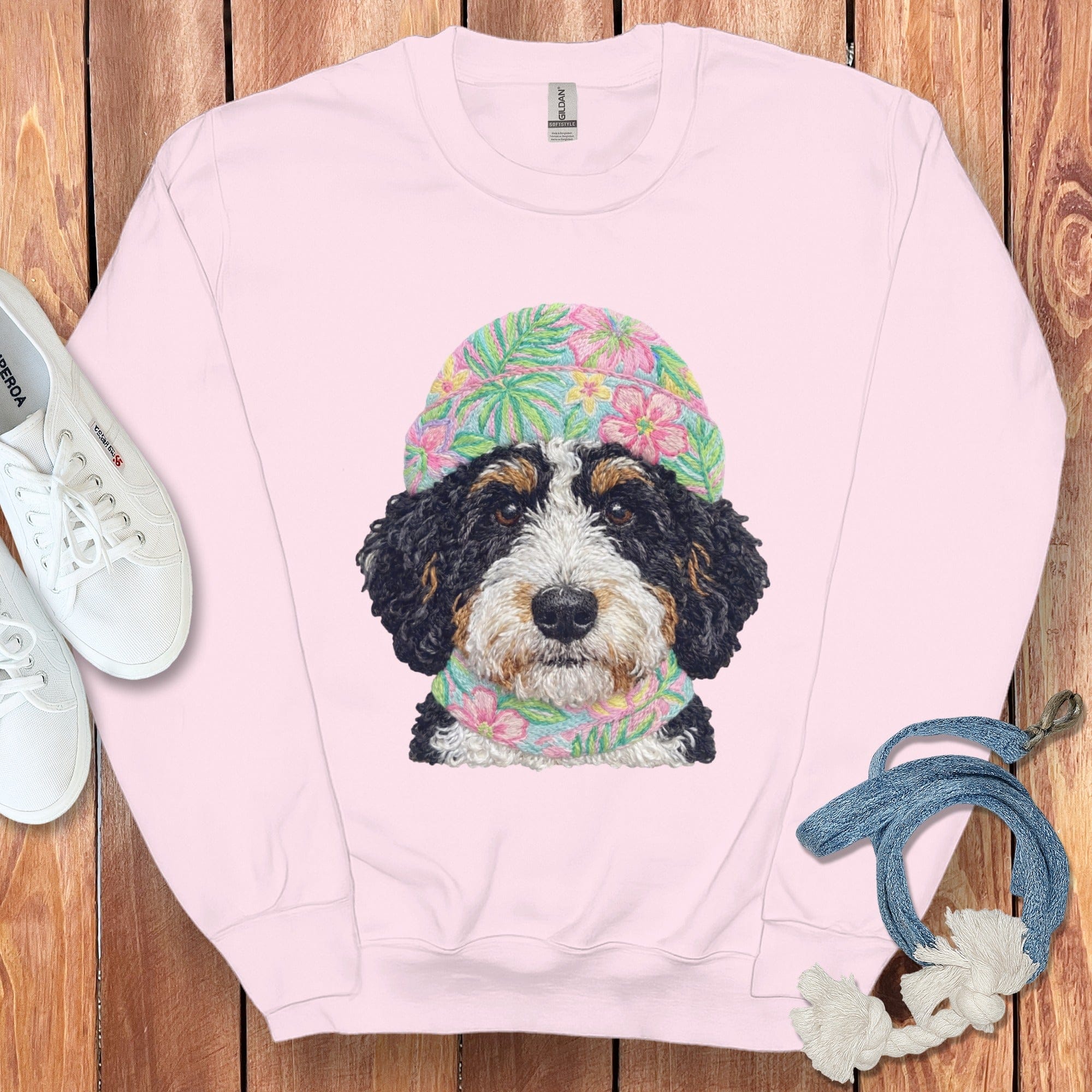 Floral Vibes Bernedoodle Sweatshirt in Light Pink / S by Puppy Jo