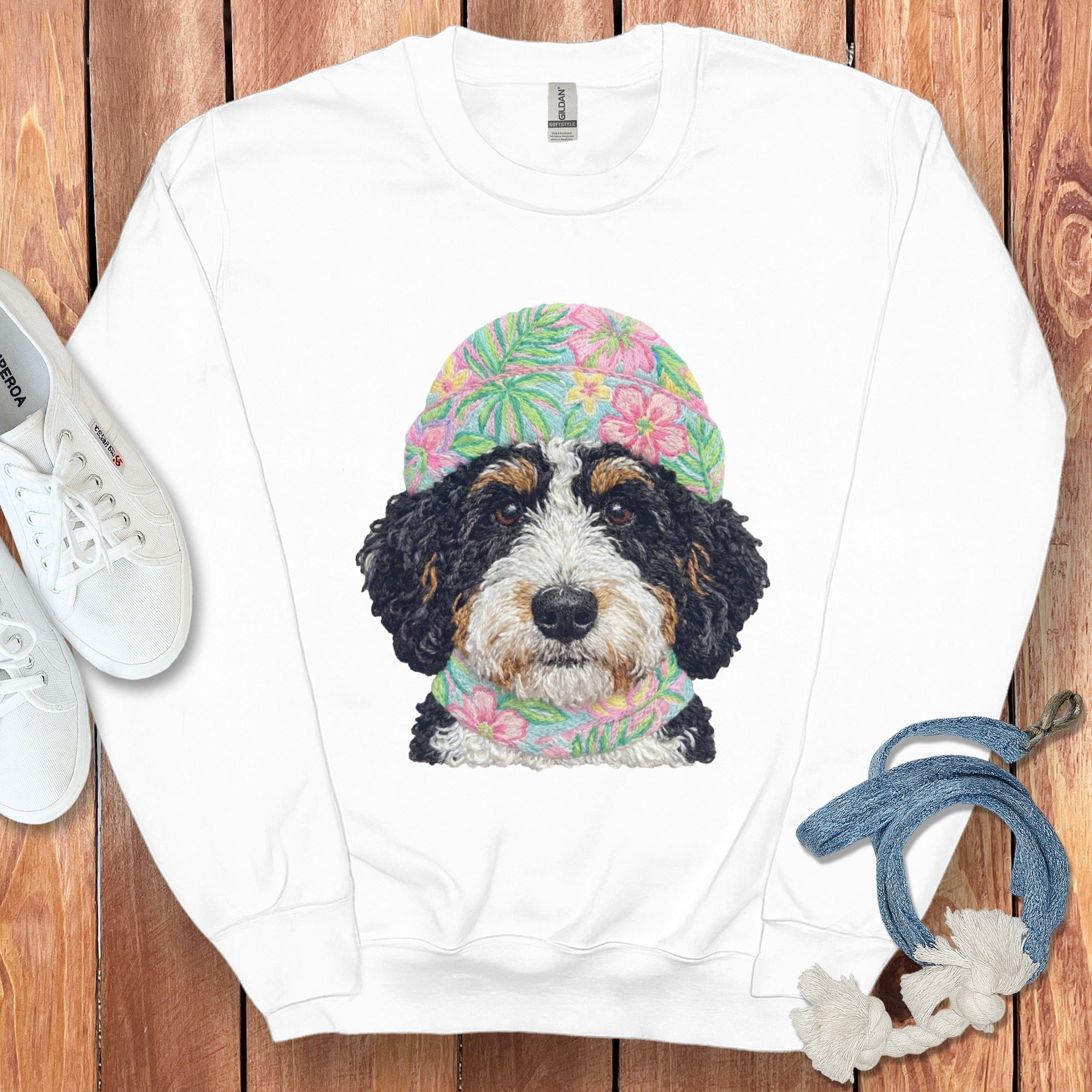 Floral Vibes Bernedoodle Sweatshirt in White / S by Puppy Jo
