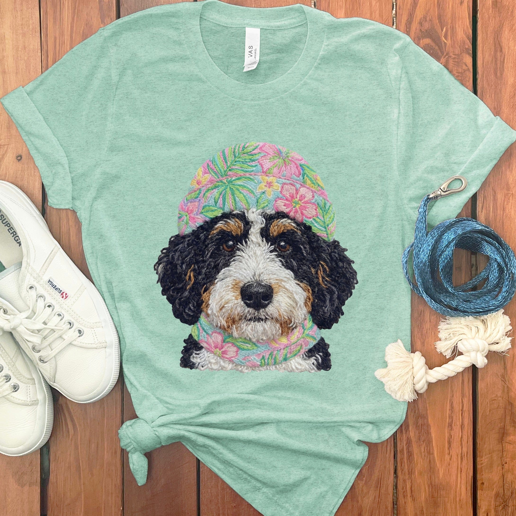 Floral Vibes Bernedoodle T-Shirt in Heather Mint / S by Puppy Jo