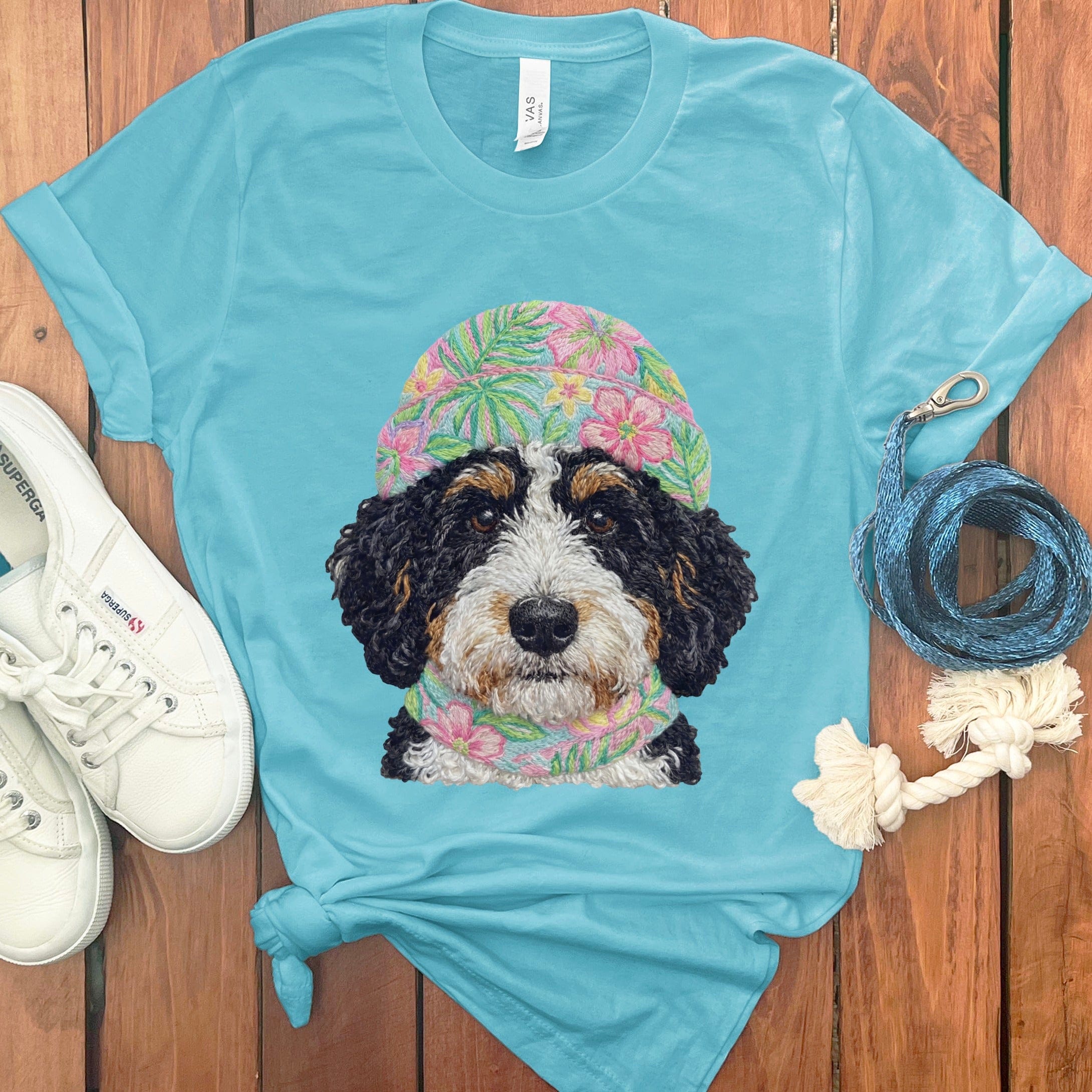 Floral Vibes Bernedoodle T-Shirt in Turquoise / S by Puppy Jo