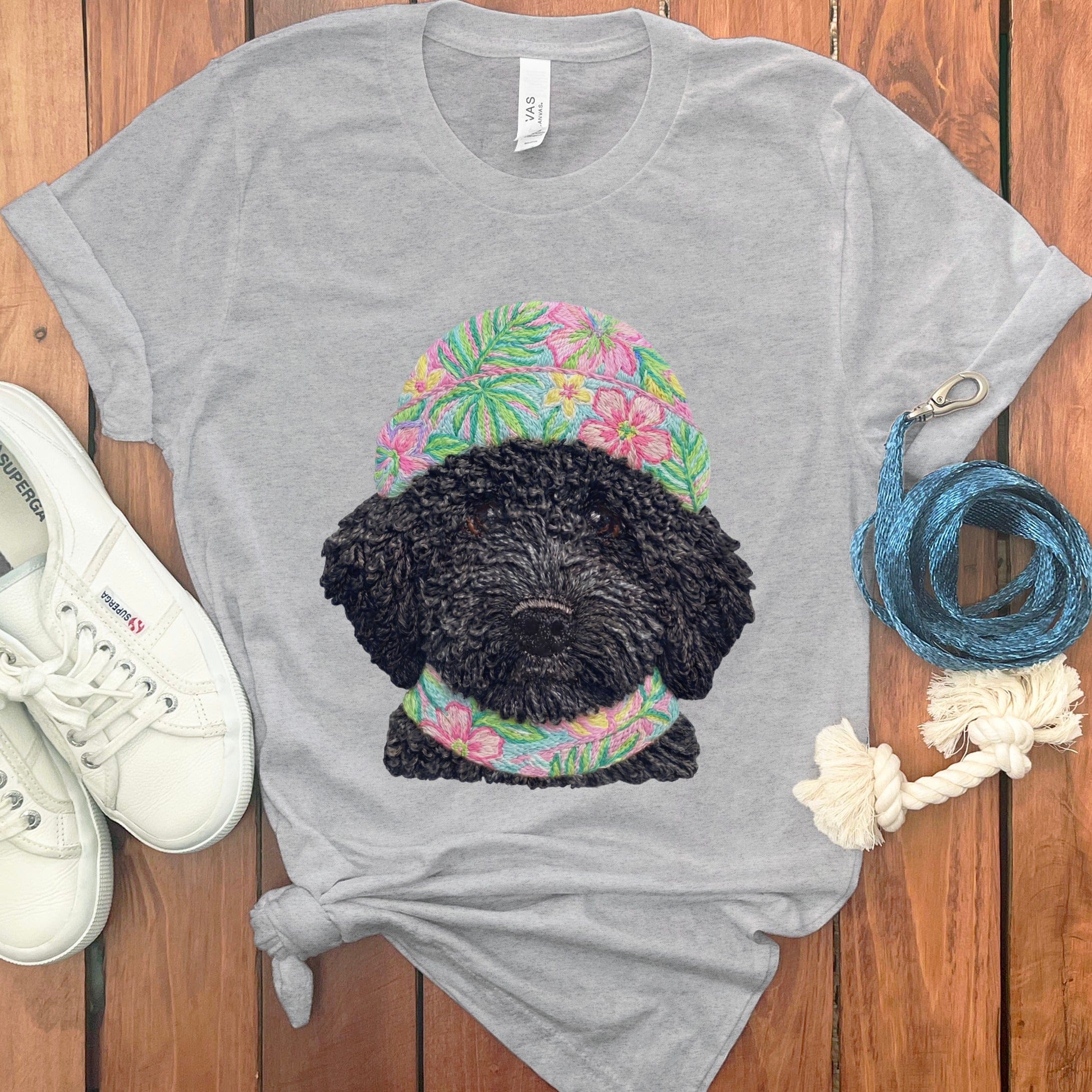 Floral Vibes Black Goldendoodle T-Shirt in Athletic Heather / S by Puppy Jo