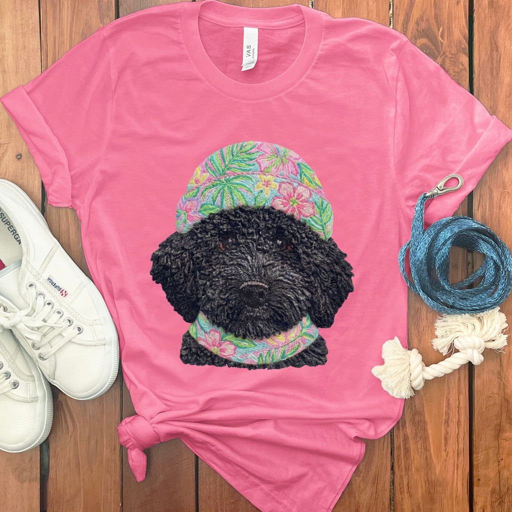 Floral Vibes Black Goldendoodle T-Shirt in Charity Pink / S by Puppy Jo