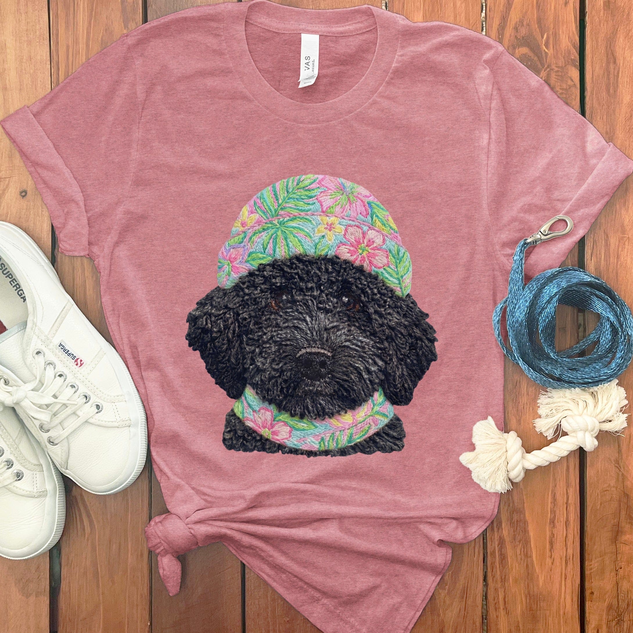 Floral Vibes Black Goldendoodle T-Shirt in Heather Mauve / S by Puppy Jo
