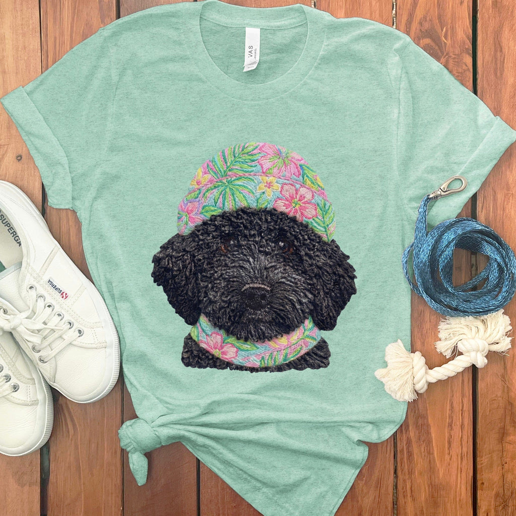 Floral Vibes Black Goldendoodle T-Shirt in Heather Mint / S by Puppy Jo