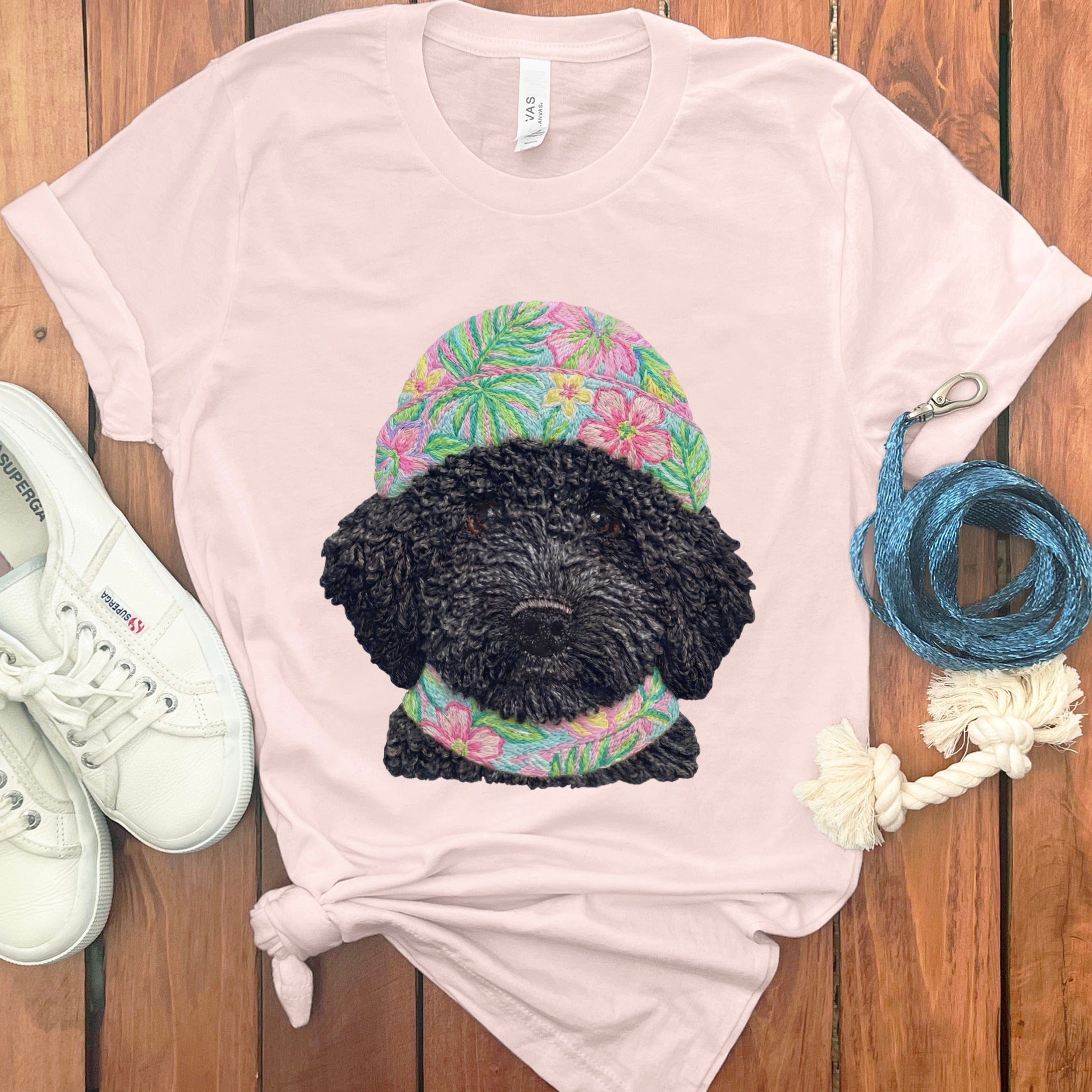 Floral Vibes Black Goldendoodle T-Shirt in Soft Pink / S by Puppy Jo
