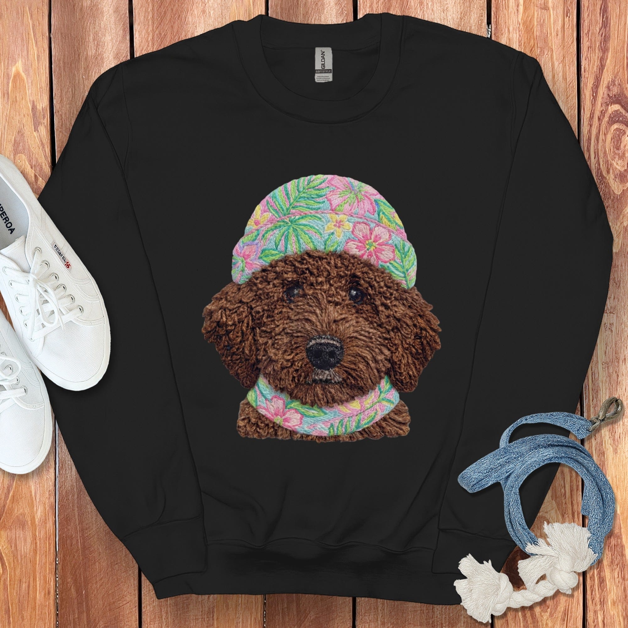 Floral Vibes Chocolate Goldendoodle Sweatshirt in Black / S by Puppy Jo