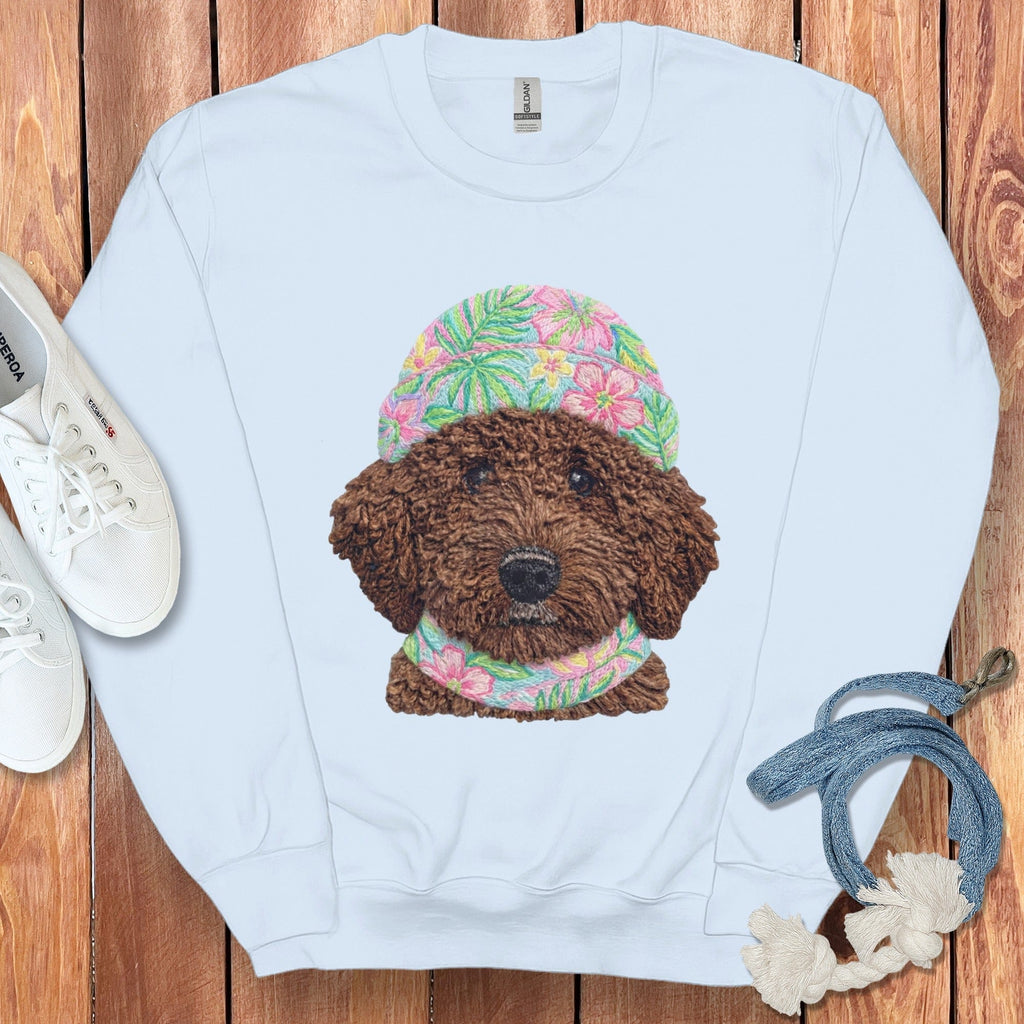 Floral Vibes Chocolate Goldendoodle Sweatshirt in Light Blue / S by Puppy Jo