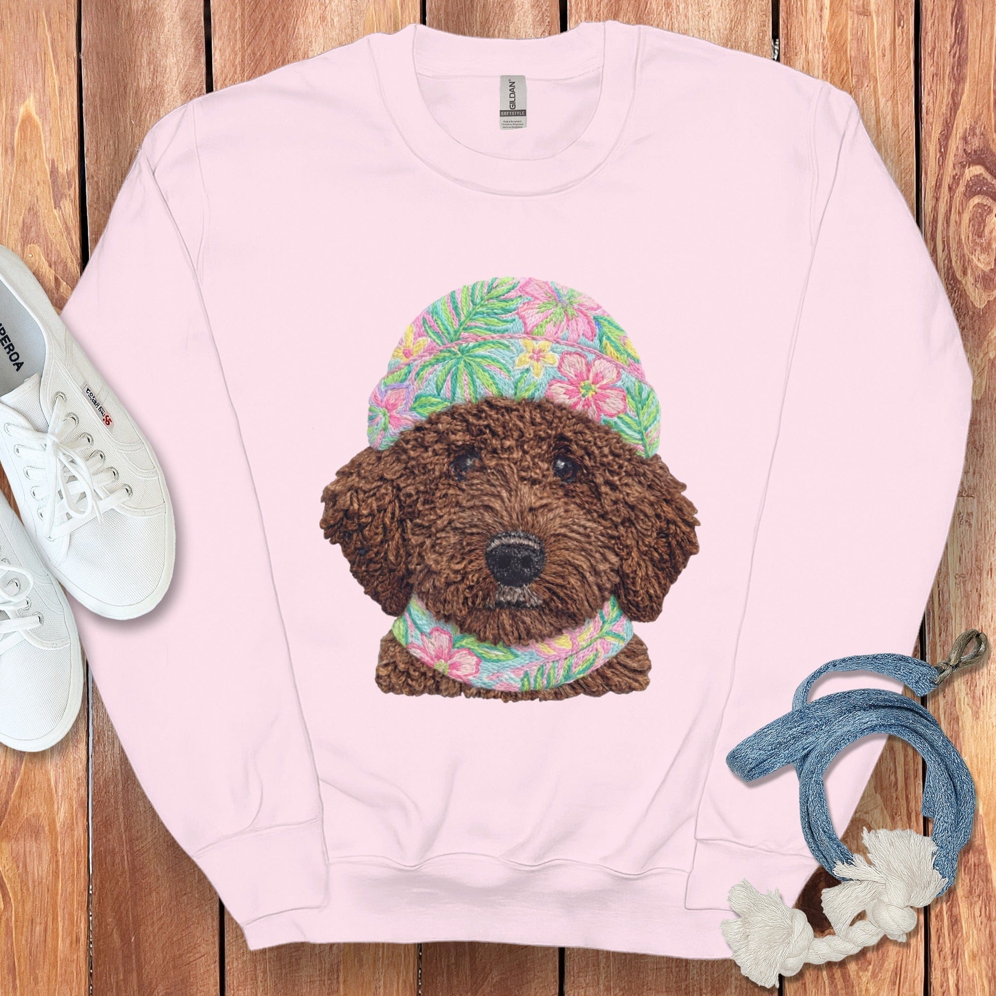 Floral Vibes Chocolate Goldendoodle Sweatshirt in Light Pink / S by Puppy Jo