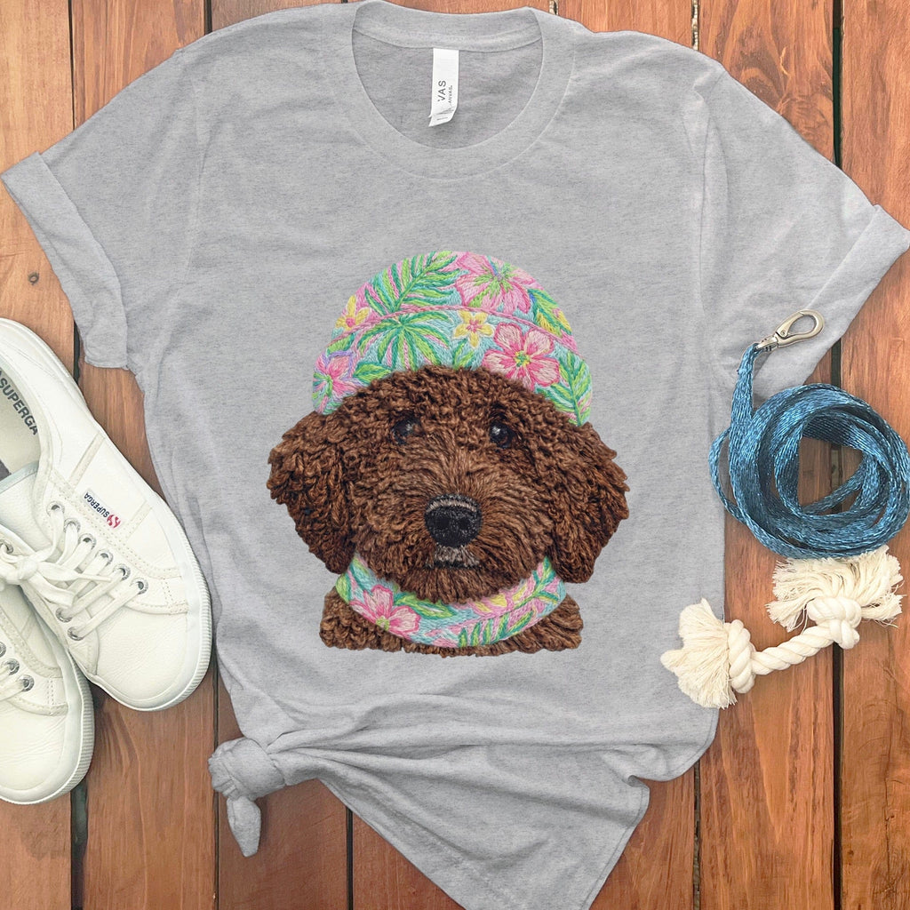 Floral Vibes Chocolate Goldendoodle T-Shirt in Athletic Heather / S by Puppy Jo