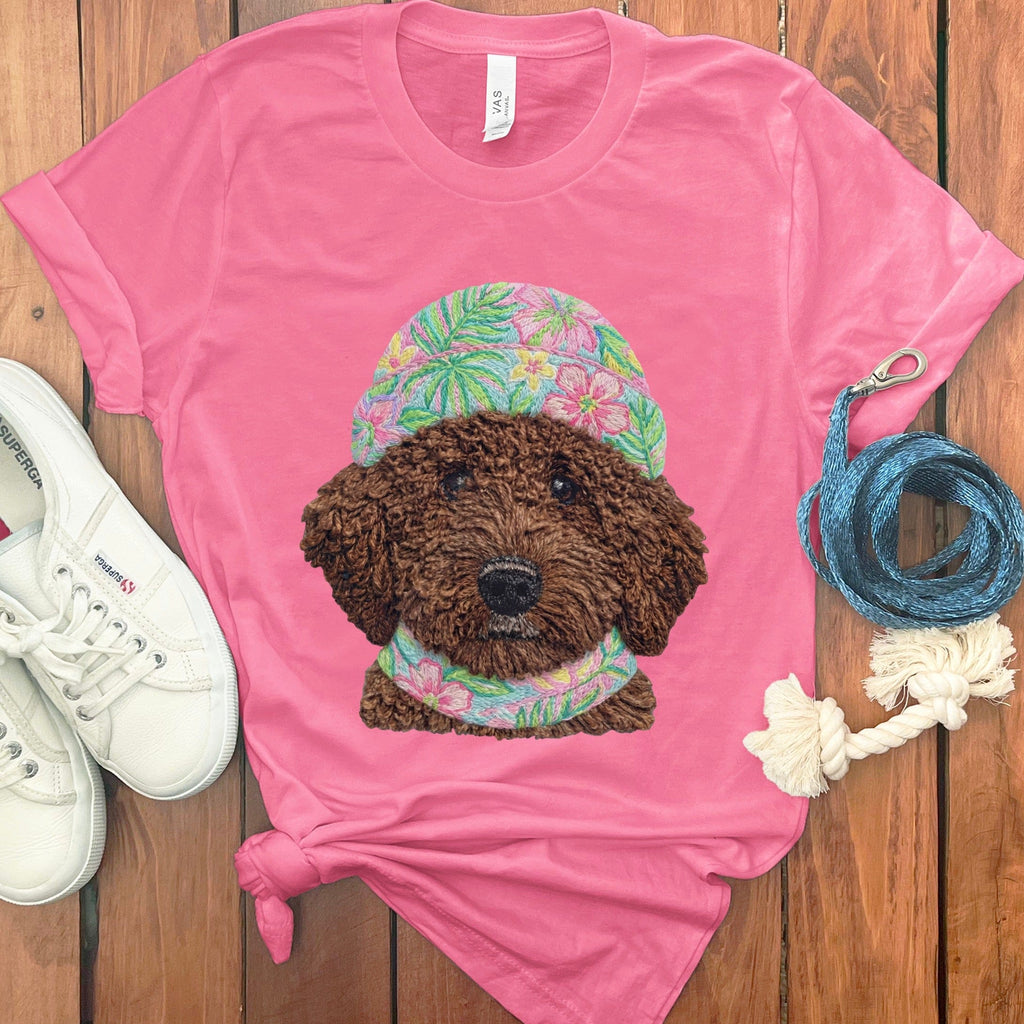Floral Vibes Chocolate Goldendoodle T-Shirt in Charity Pink / S by Puppy Jo