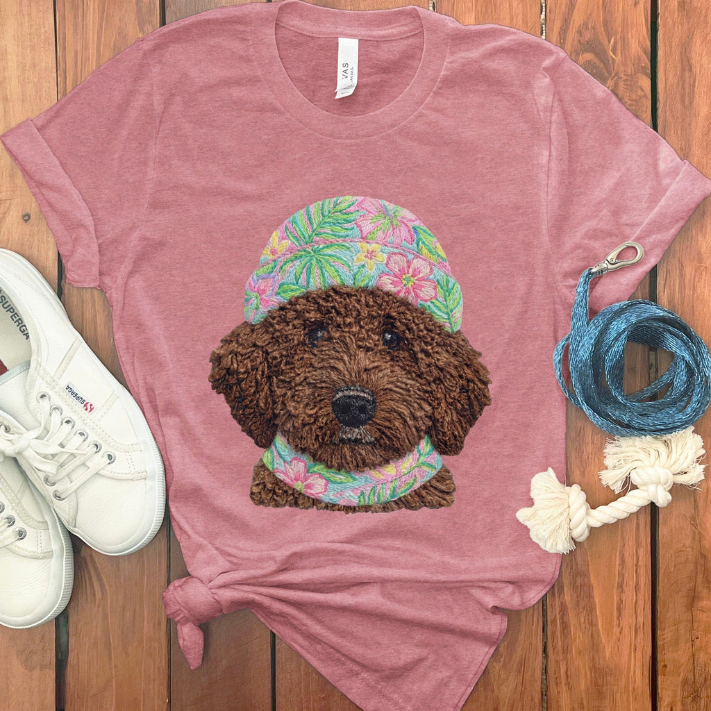 Floral Vibes Chocolate Goldendoodle T-Shirt in Heather Mauve / S by Puppy Jo