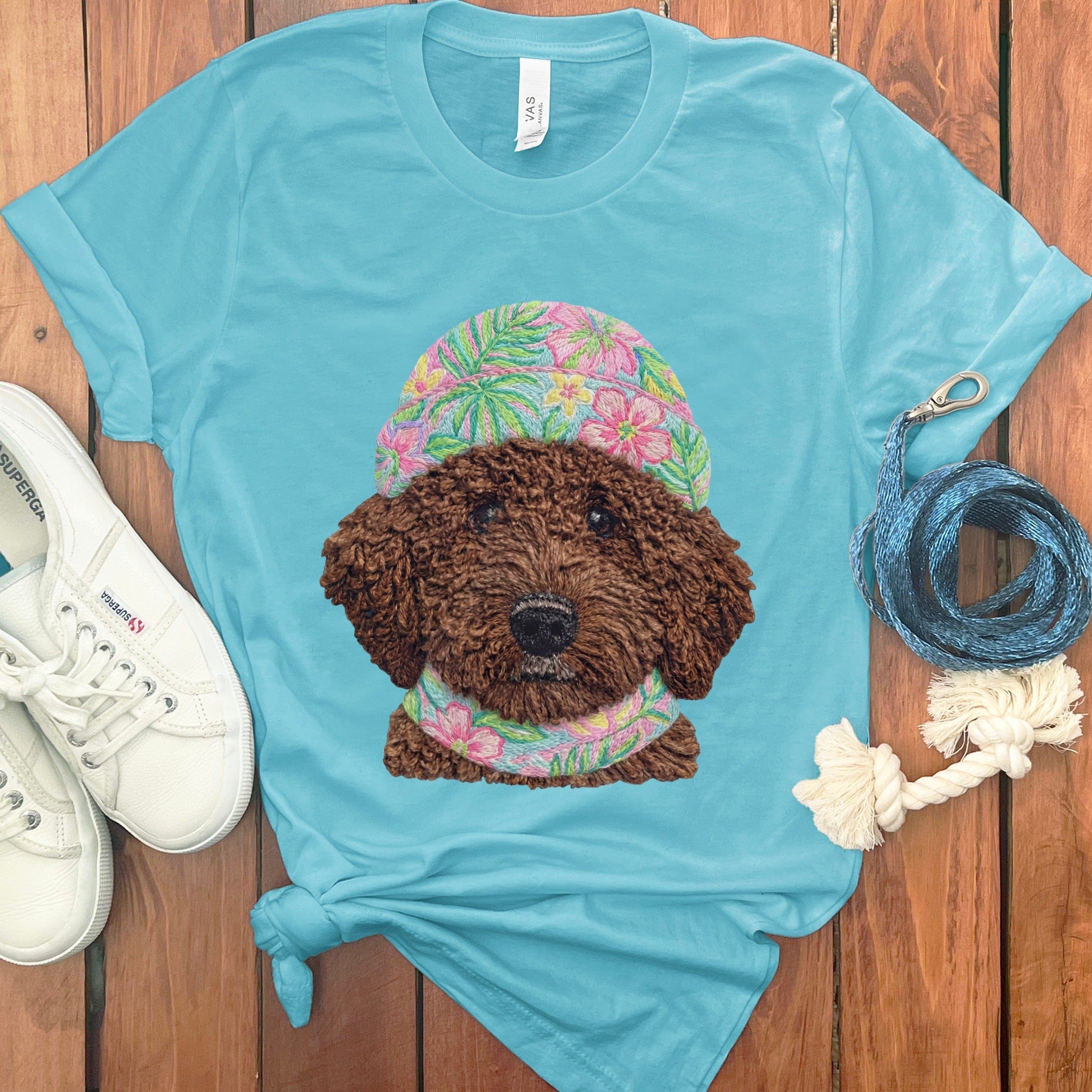 Floral Vibes Chocolate Goldendoodle T-Shirt in Turquoise / S by Puppy Jo