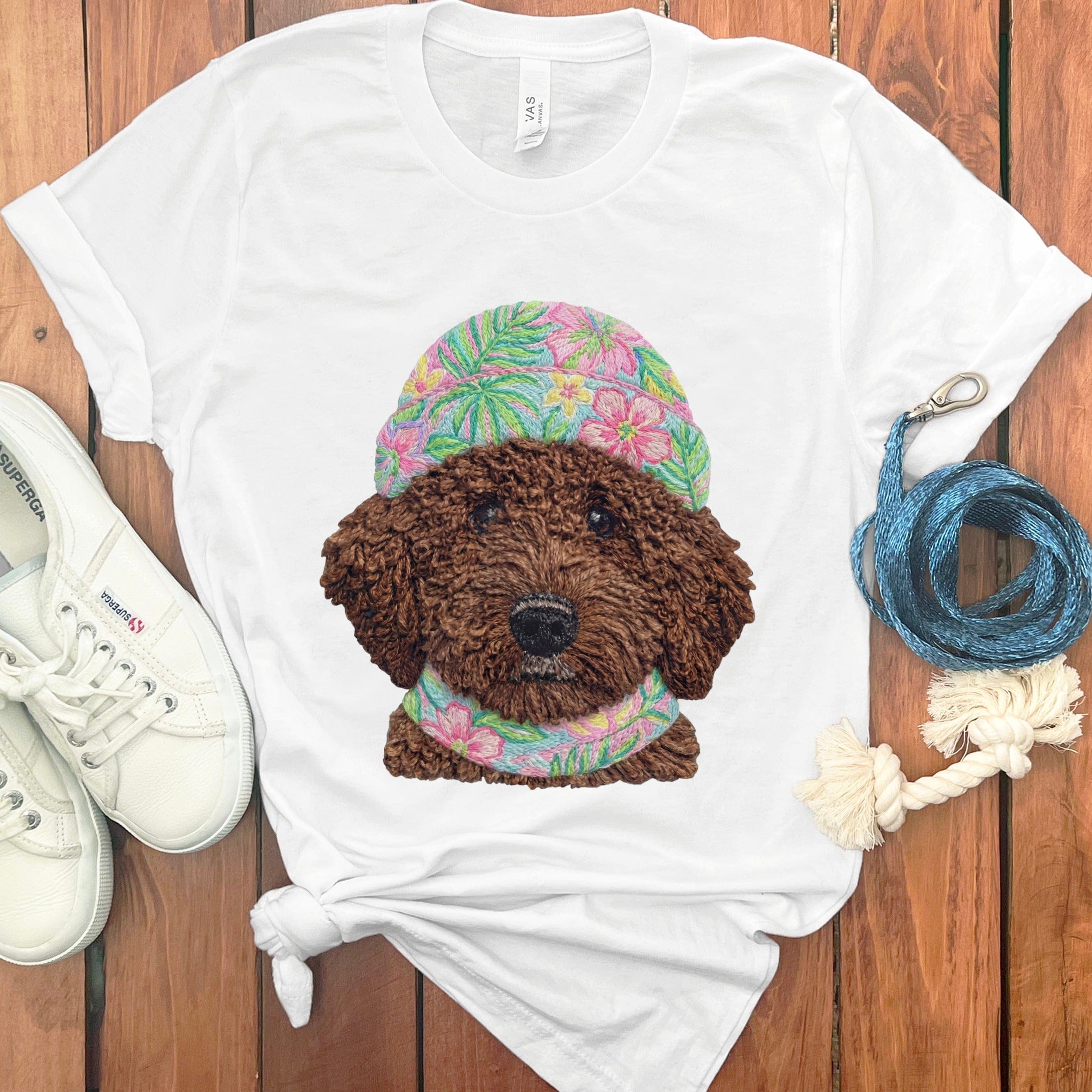 Floral Vibes Chocolate Goldendoodle T-Shirt in White / S by Puppy Jo