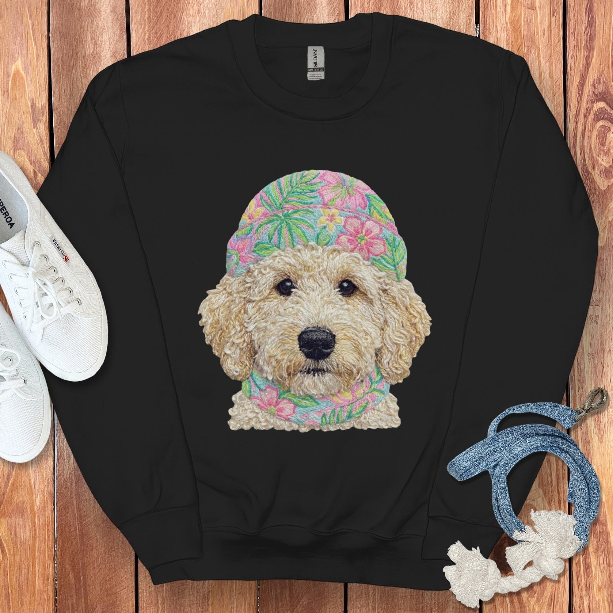 Floral Vibes Cream Goldendoodle Sweatshirt in Black / S by Puppy Jo
