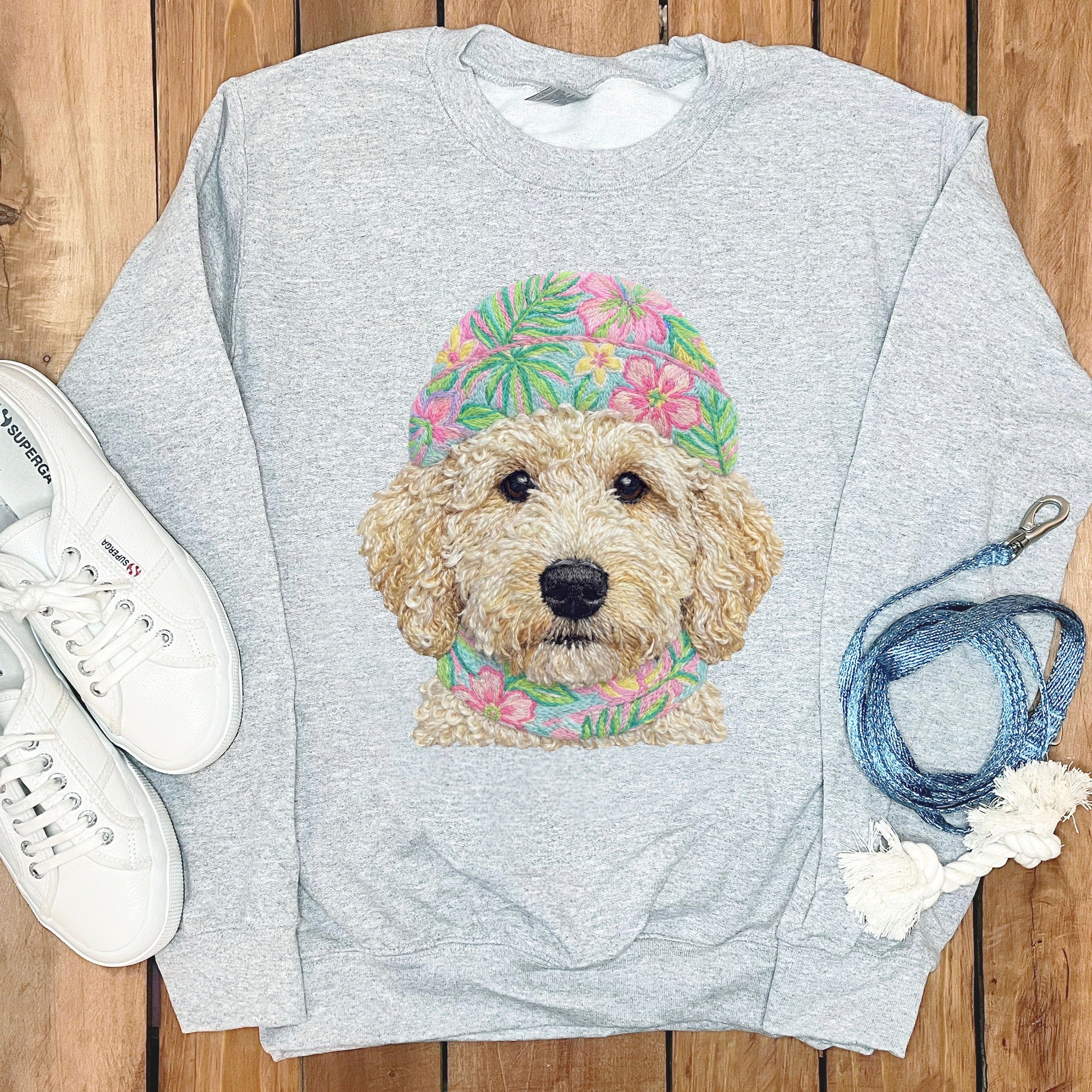 Floral Vibes Cream Goldendoodle Sweatshirt in Sport Grey / S by Puppy Jo