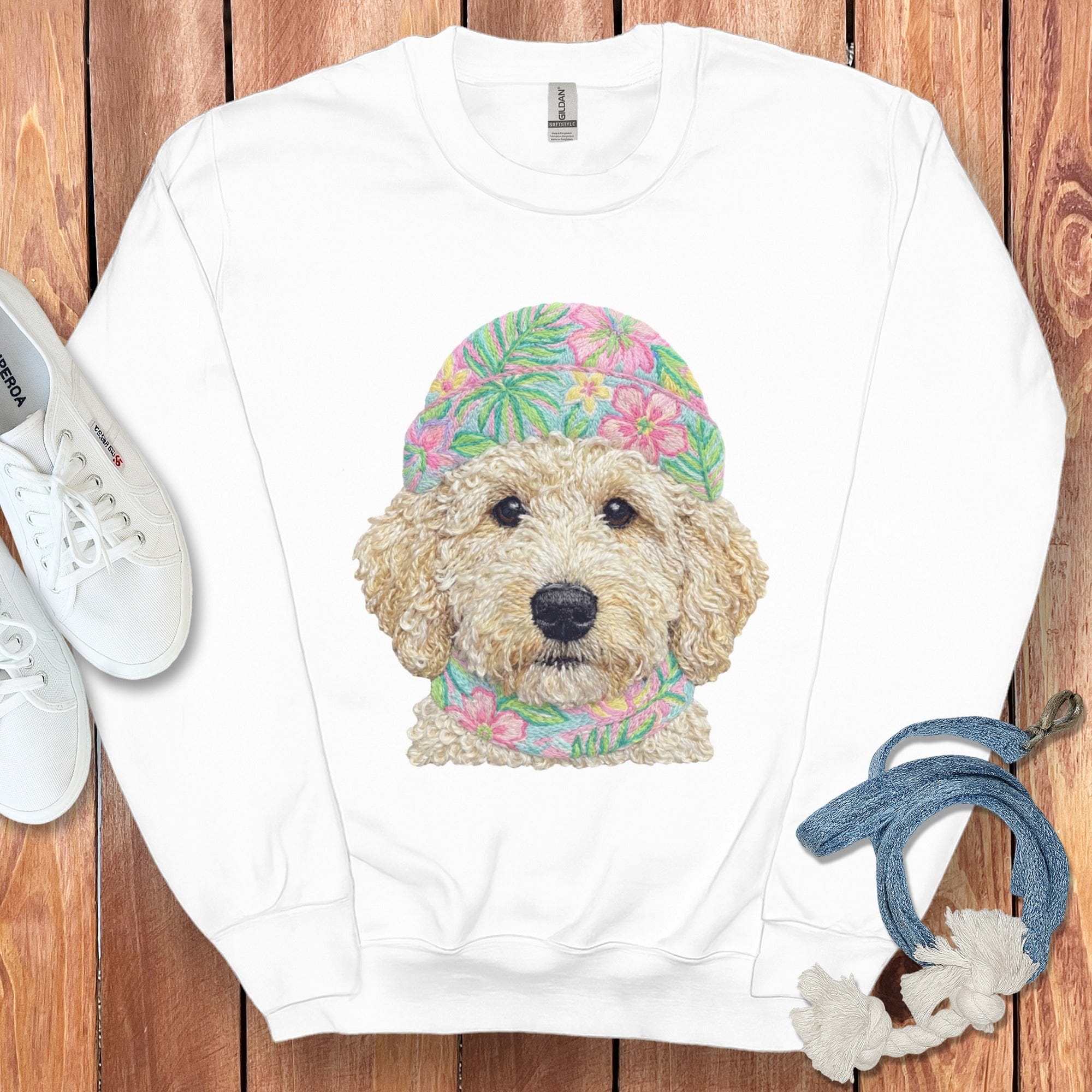 Floral Vibes Cream Goldendoodle Sweatshirt in White / S by Puppy Jo