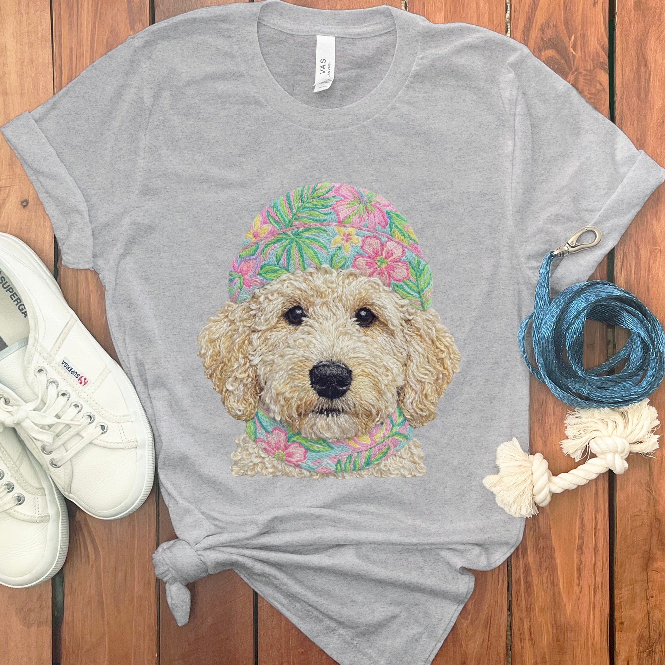 Floral Vibes Cream Goldendoodle T-Shirt in Athletic Heather / S by Puppy Jo