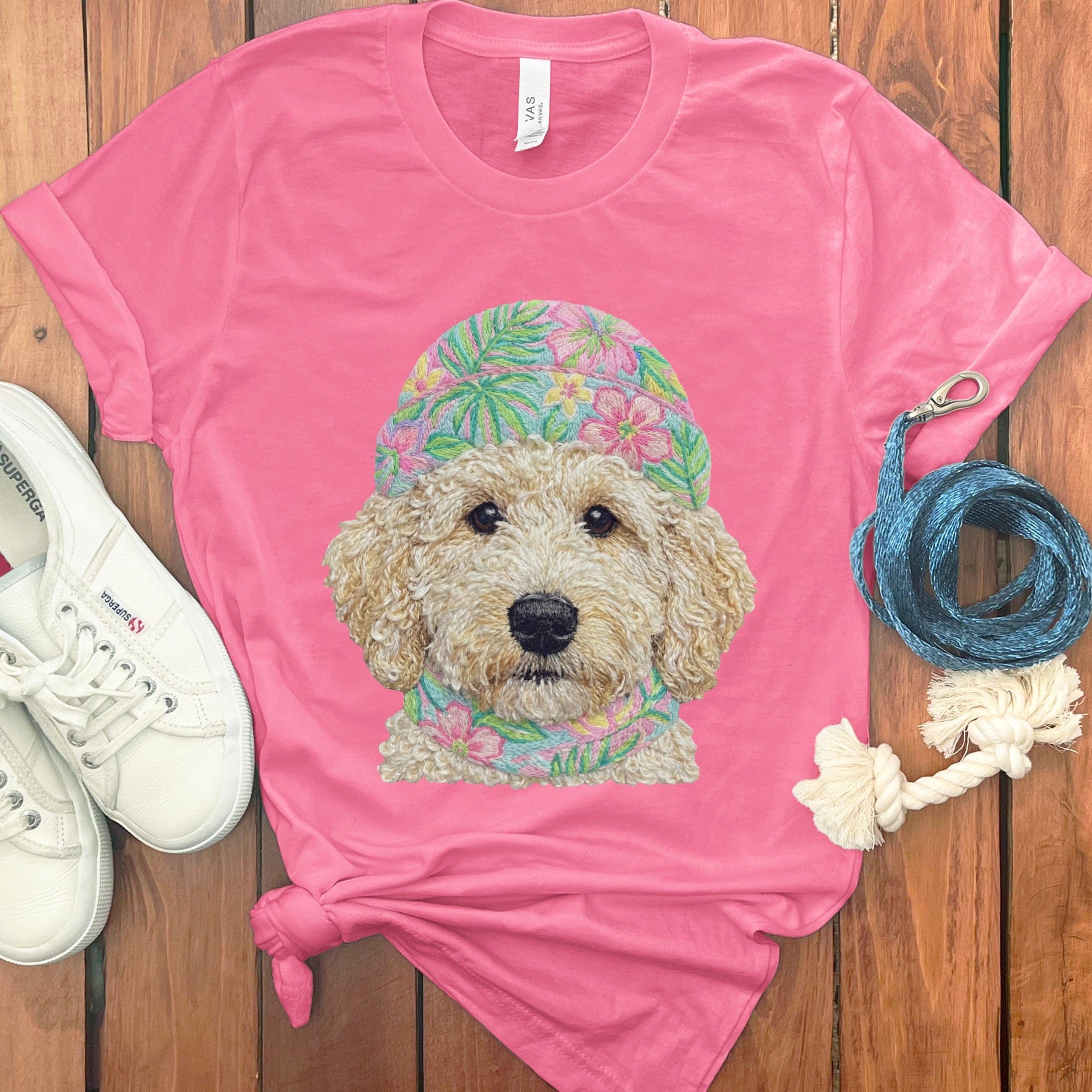 Floral Vibes Cream Goldendoodle T-Shirt in Charity Pink / S by Puppy Jo