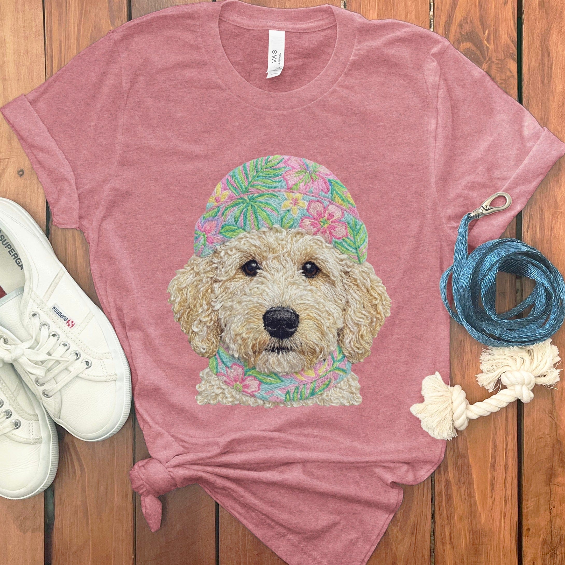 Floral Vibes Cream Goldendoodle T-Shirt in Heather Mauve / S by Puppy Jo
