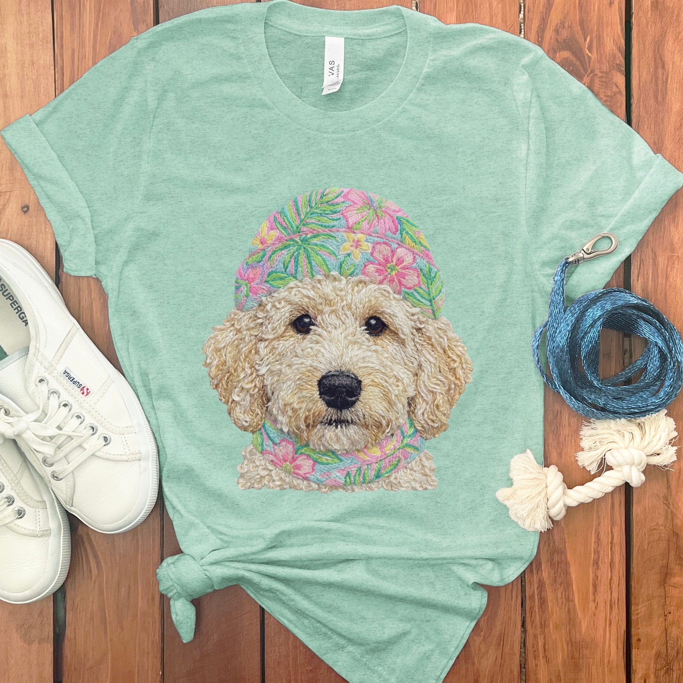 Floral Vibes Cream Goldendoodle T-Shirt in Heather Mint / S by Puppy Jo