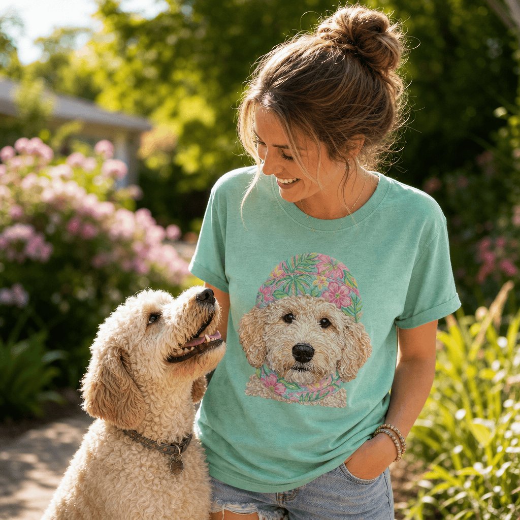 Floral Vibes Cream Goldendoodle T-Shirt in by Puppy Jo
